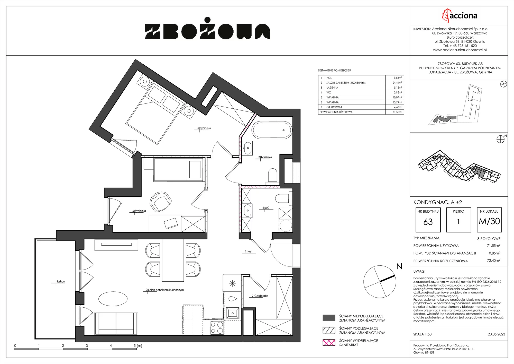 3 pokoje, apartament 72,40 m², piętro 1, oferta nr 63.30, Zbożowa, Gdynia, Cisowa, ul. Zbożowa