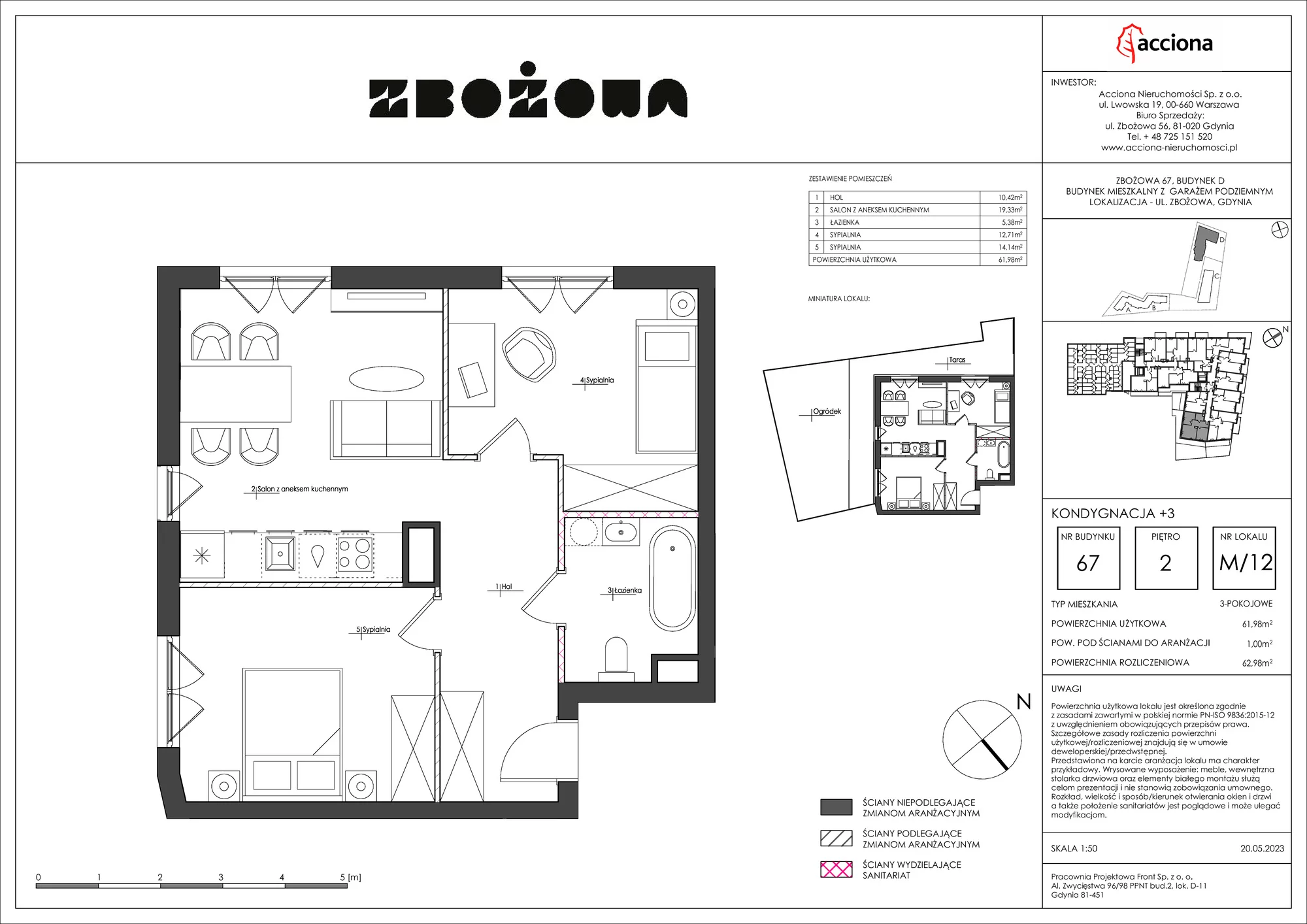 3 pokoje, apartament 62,98 m², piętro 2, oferta nr 67.12, Zbożowa, Gdynia, Cisowa, ul. Zbożowa