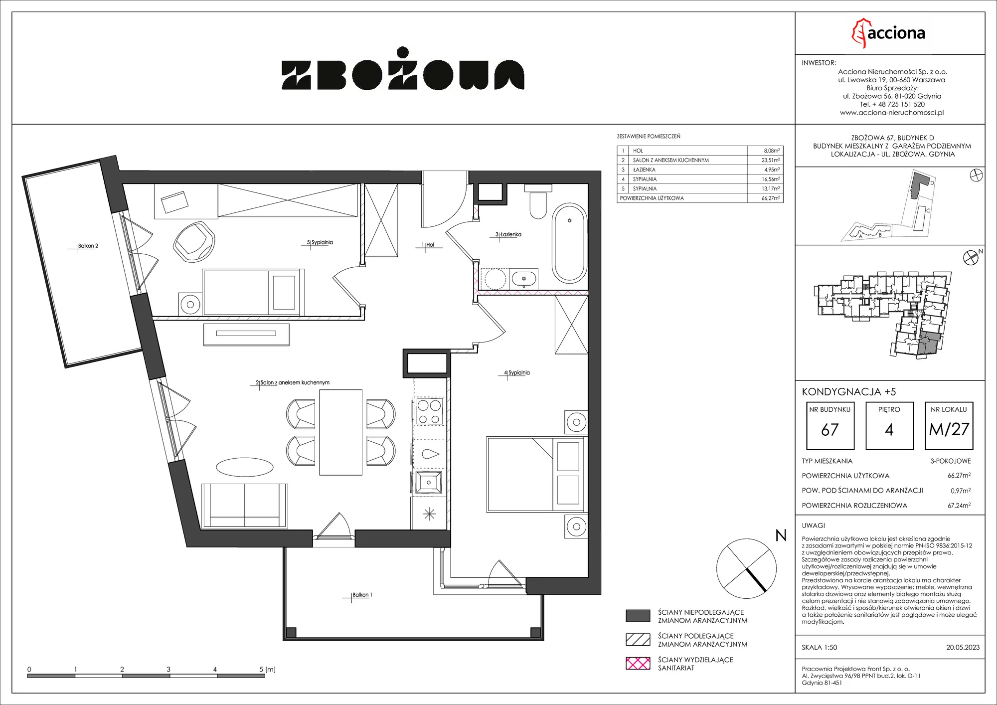 3 pokoje, apartament 67,24 m², piętro 4, oferta nr 67.27, Zbożowa, Gdynia, Cisowa, ul. Zbożowa