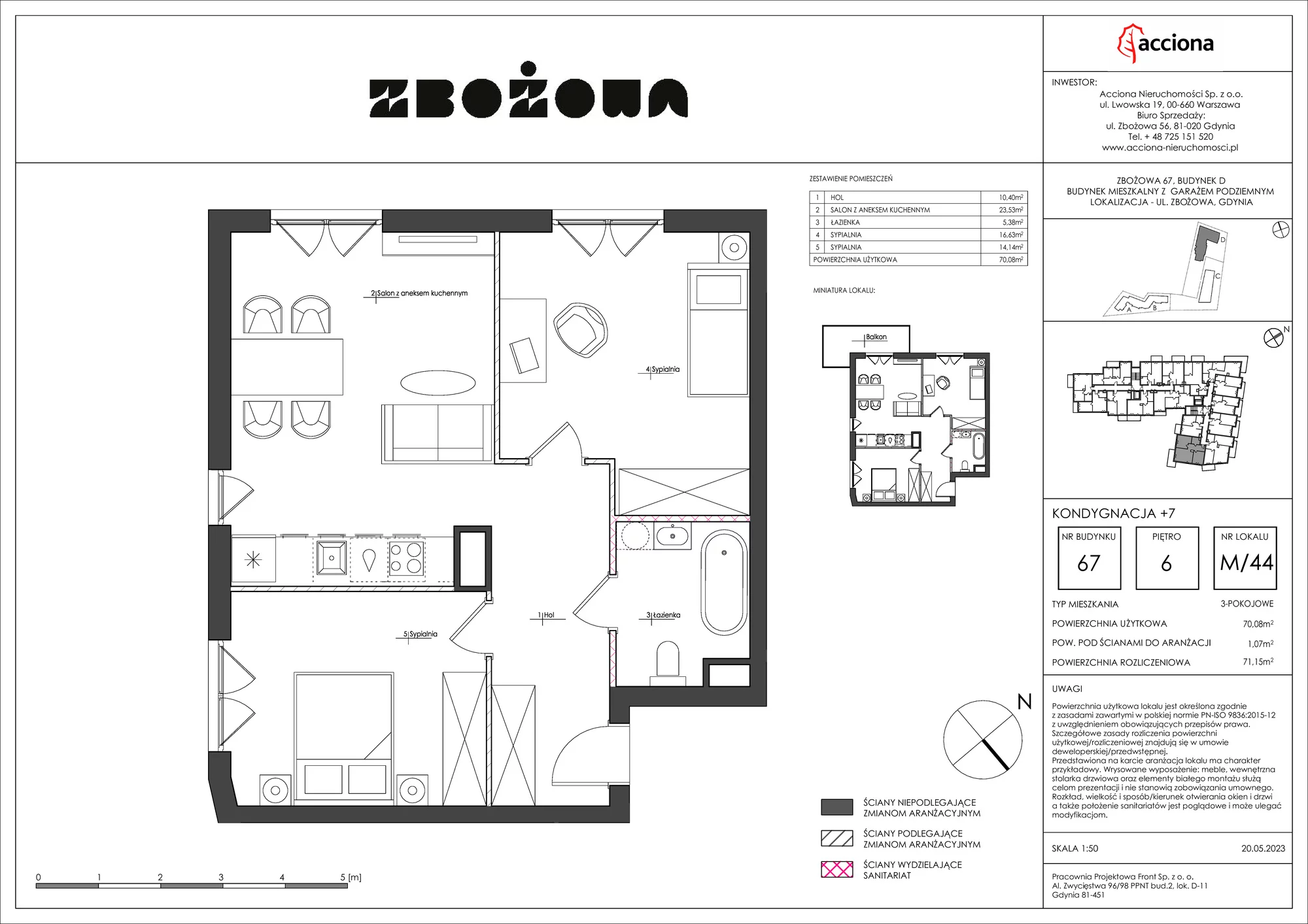 3 pokoje, apartament 71,15 m², piętro 6, oferta nr 67.44, Zbożowa, Gdynia, Cisowa, ul. Zbożowa