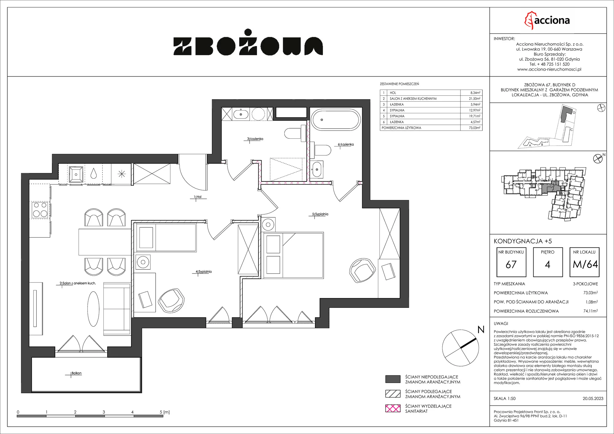 3 pokoje, apartament 74,11 m², piętro 4, oferta nr 67.64, Zbożowa, Gdynia, Cisowa, ul. Zbożowa