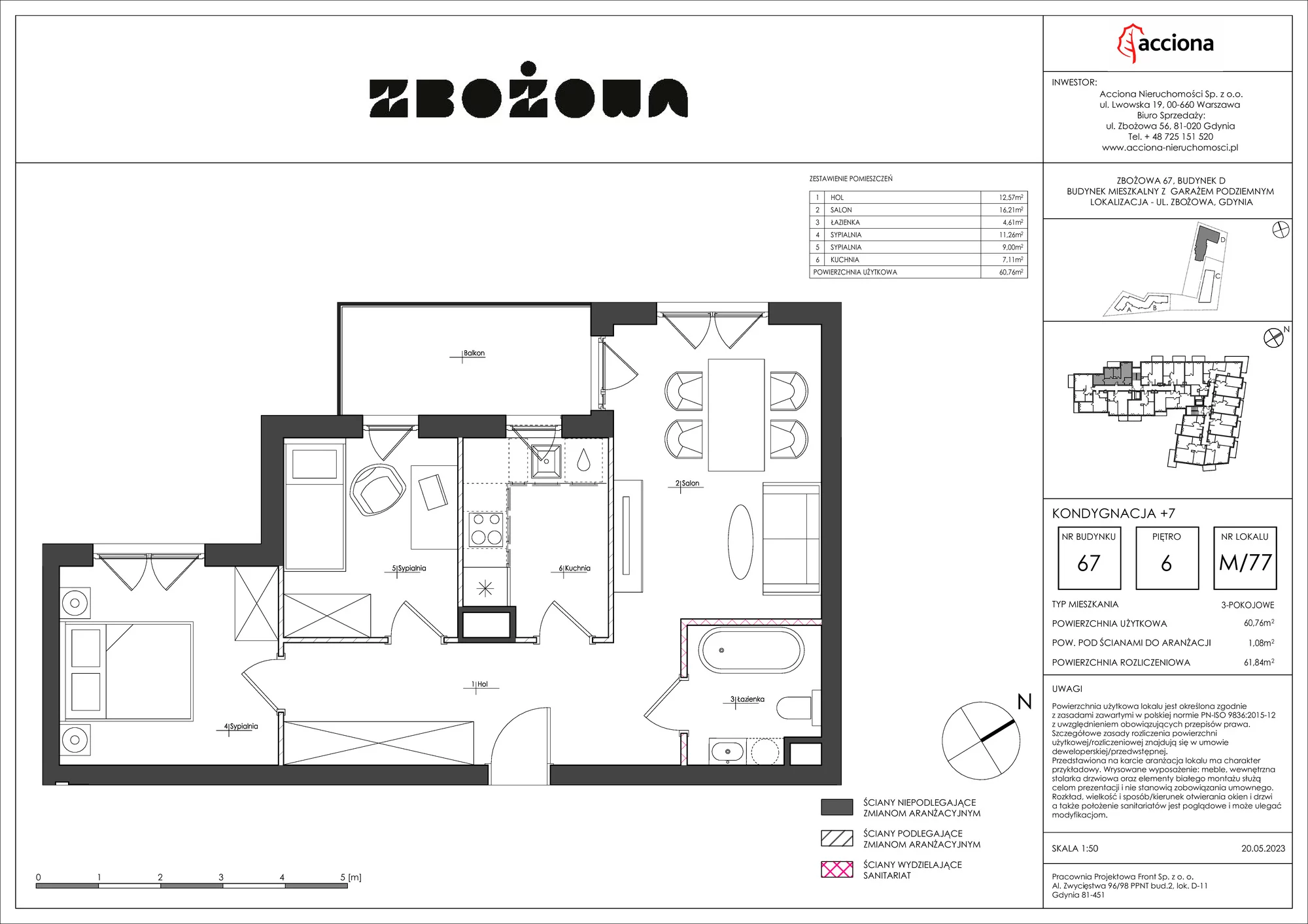 3 pokoje, apartament 61,84 m², piętro 6, oferta nr 67.77, Zbożowa, Gdynia, Cisowa, ul. Zbożowa