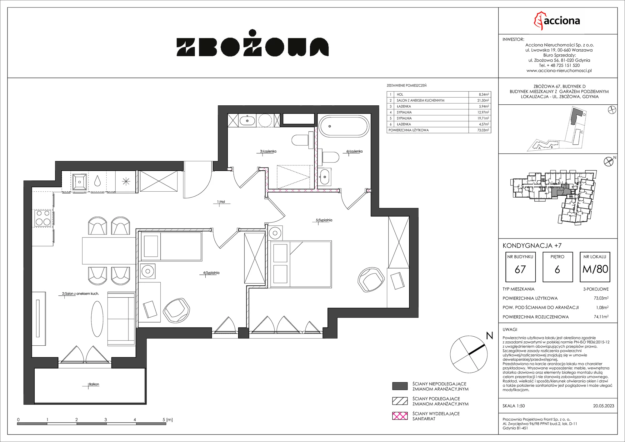 3 pokoje, apartament 74,11 m², piętro 6, oferta nr 67.80, Zbożowa, Gdynia, Cisowa, ul. Zbożowa