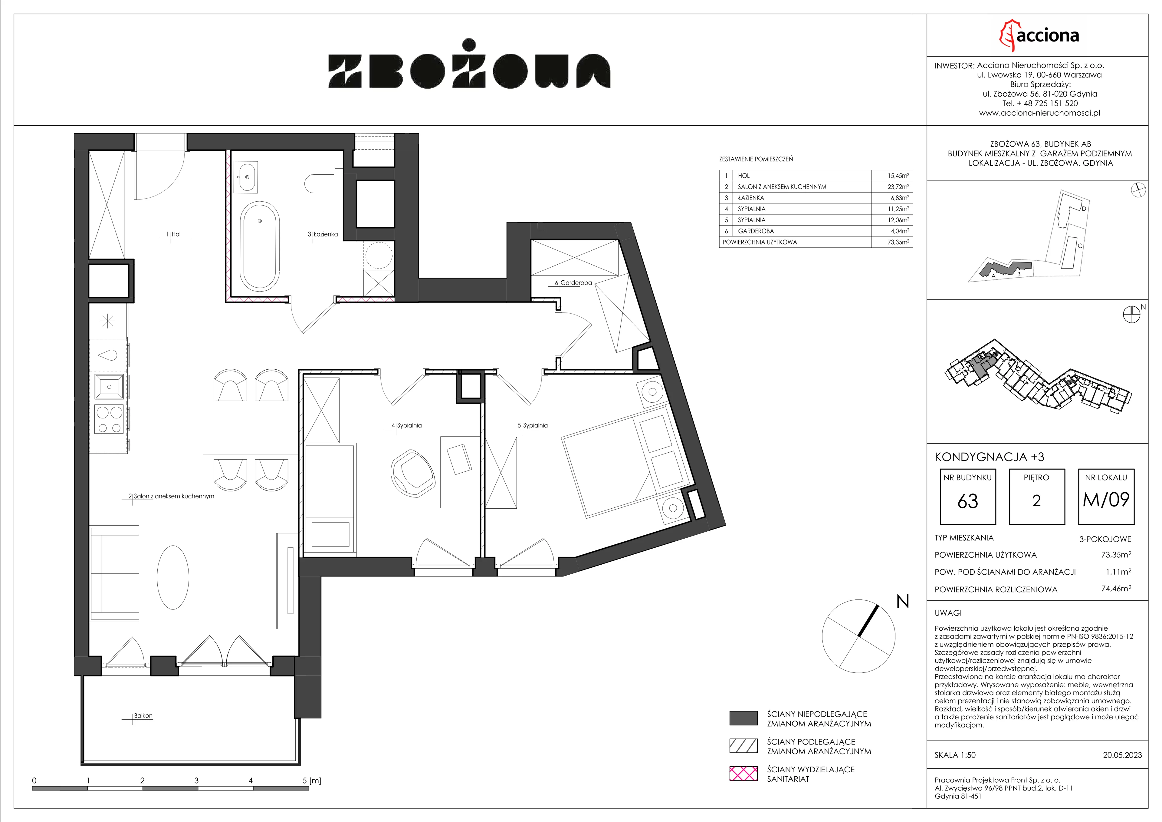 3 pokoje, mieszkanie 74,46 m², piętro 2, oferta nr 63.9, Zbożowa, Gdynia, Cisowa, ul. Zbożowa