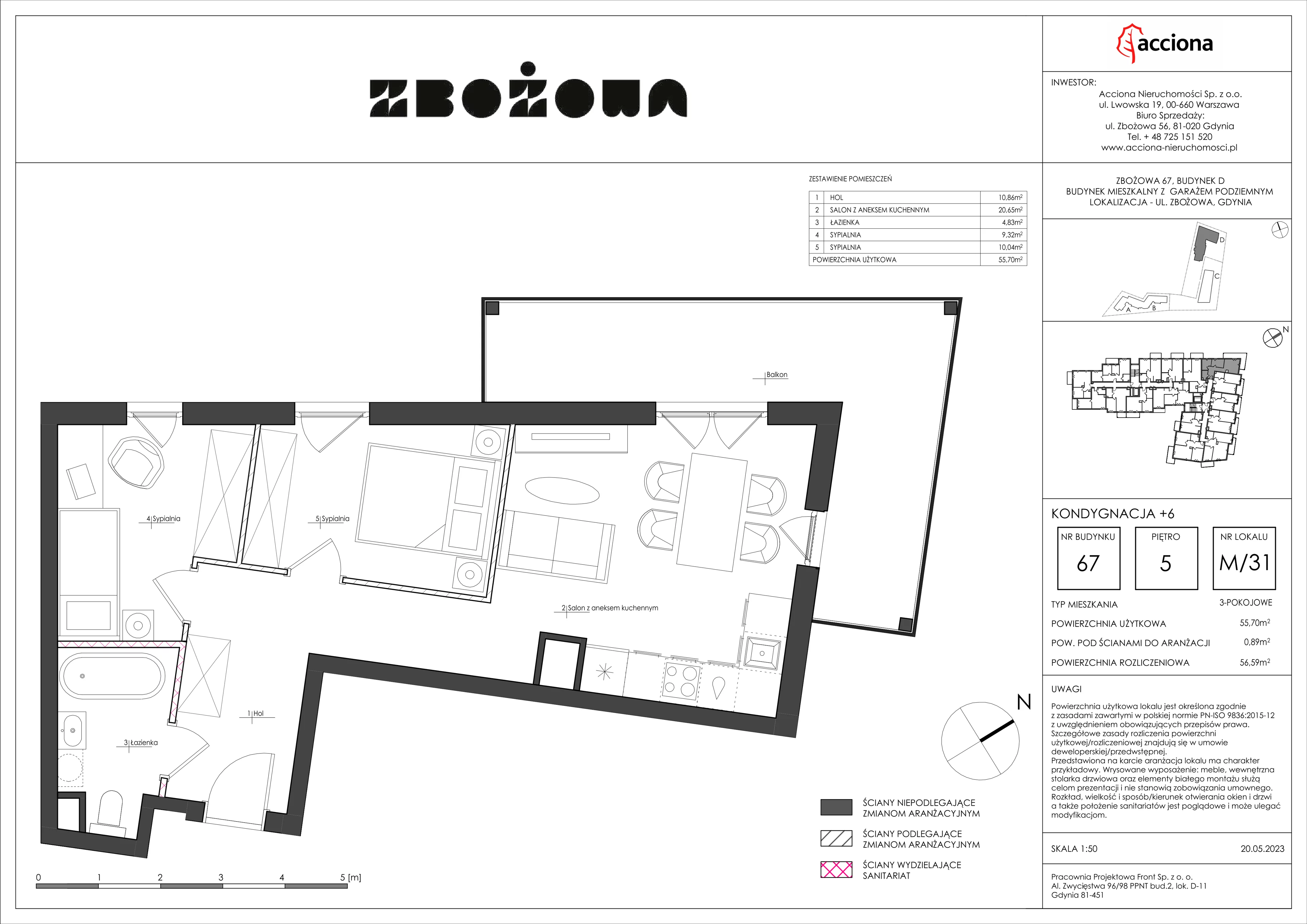 3 pokoje, mieszkanie 56,59 m², piętro 5, oferta nr 67.31, Zbożowa, Gdynia, Cisowa, ul. Zbożowa