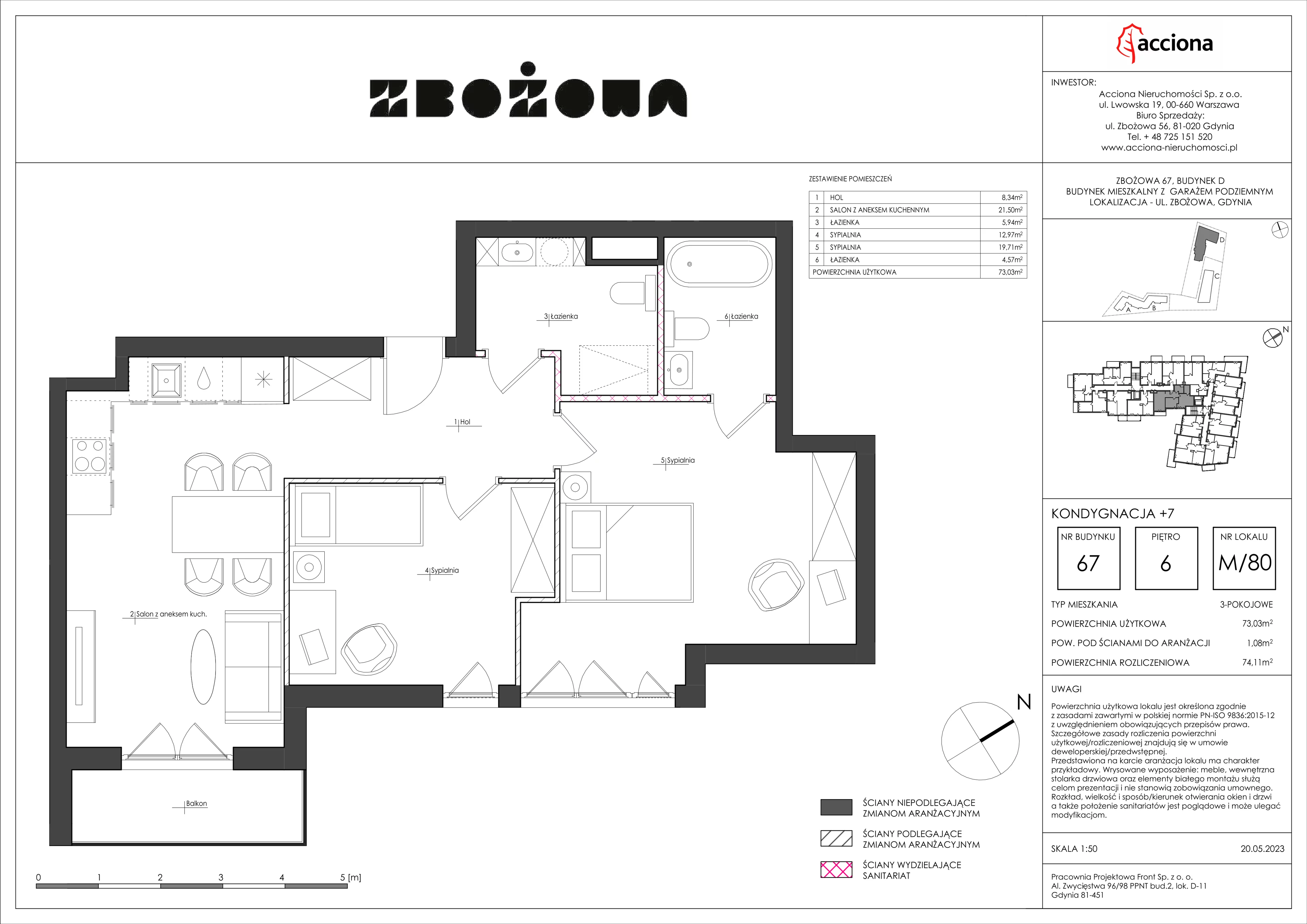 3 pokoje, mieszkanie 74,11 m², piętro 6, oferta nr 67.80, Zbożowa, Gdynia, Cisowa, ul. Zbożowa