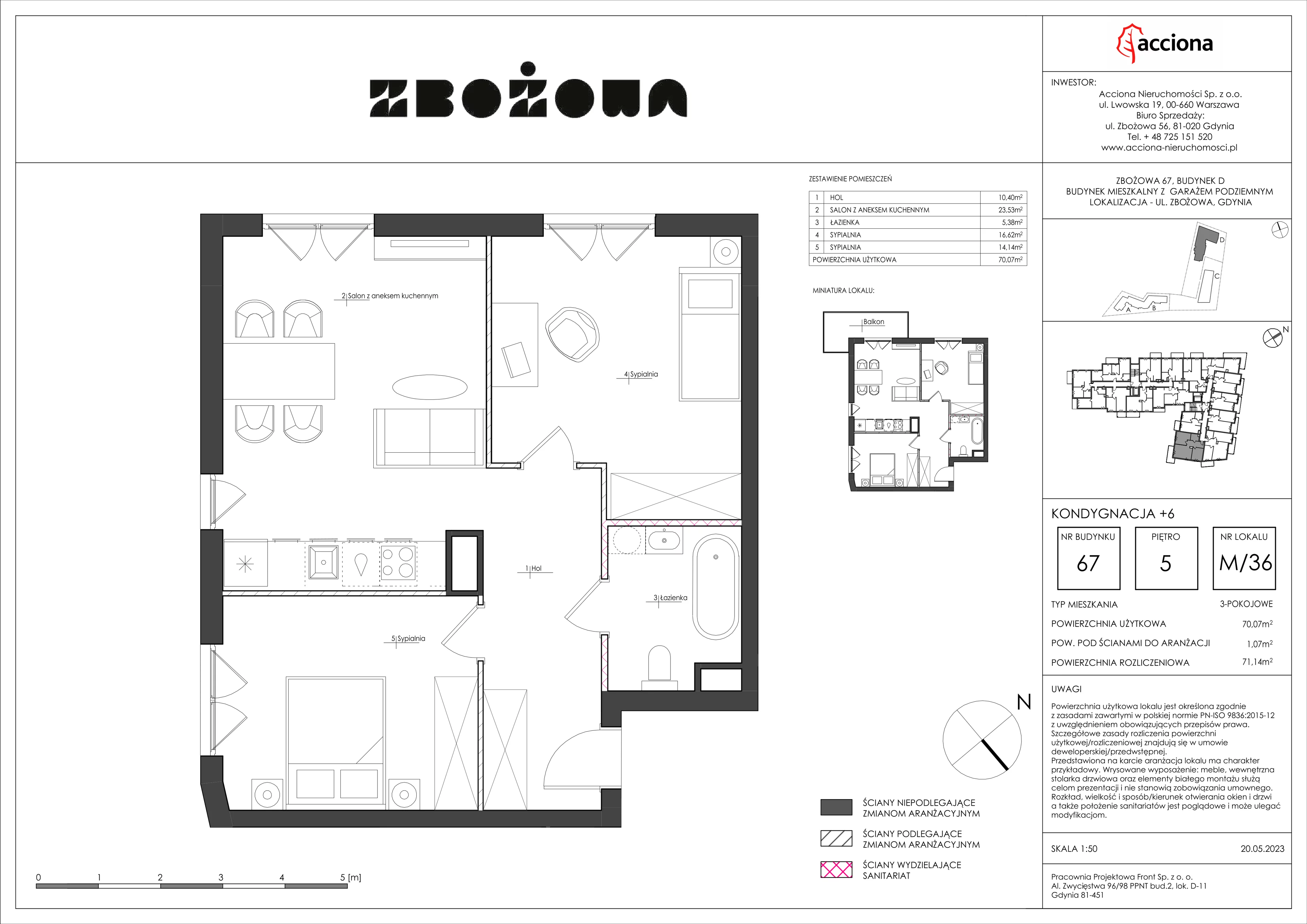 3 pokoje, mieszkanie 71,14 m², piętro 5, oferta nr 67.36, Zbożowa, Gdynia, Cisowa, ul. Zbożowa