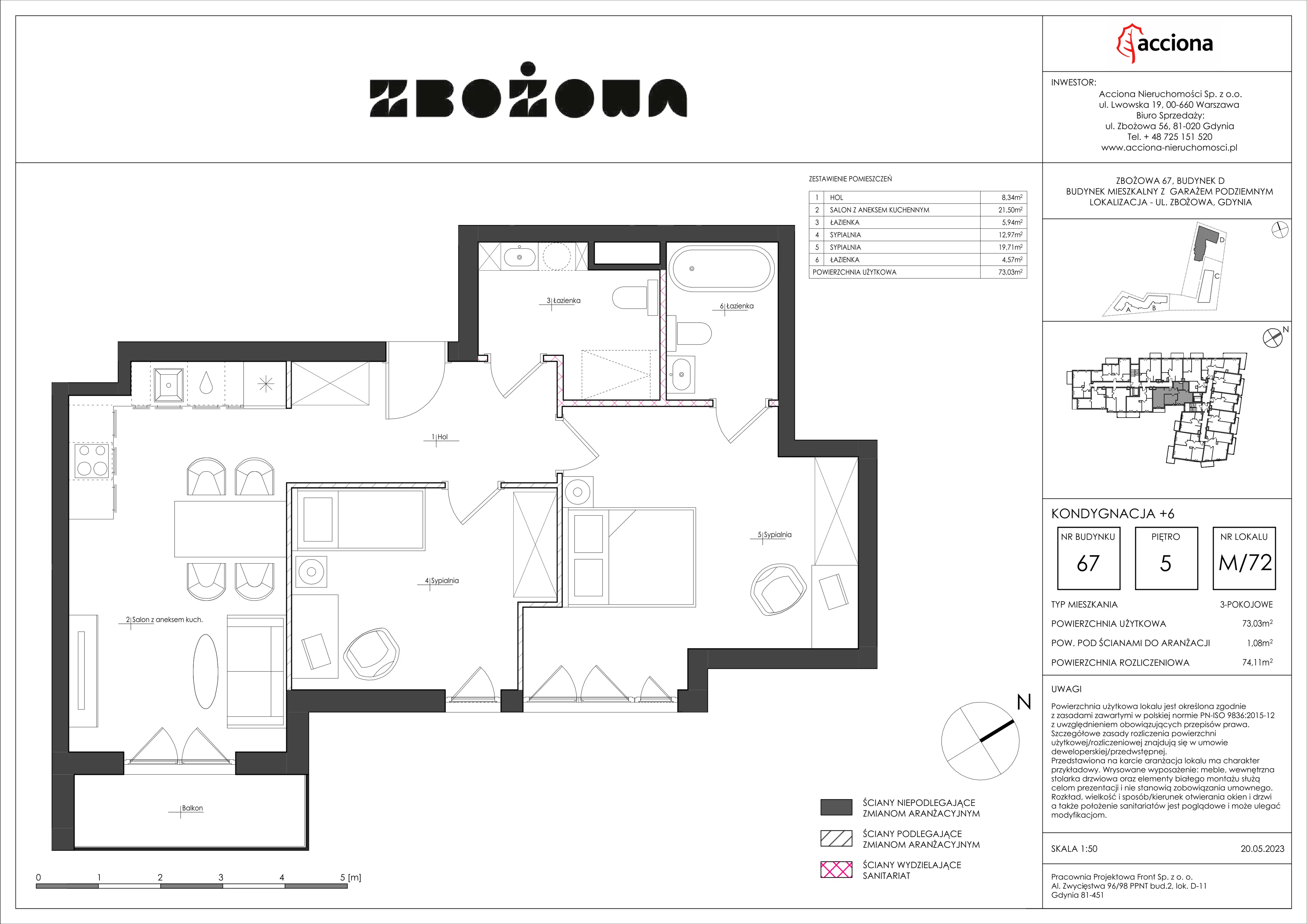 3 pokoje, mieszkanie 74,11 m², piętro 5, oferta nr 67.72, Zbożowa, Gdynia, Cisowa, ul. Zbożowa