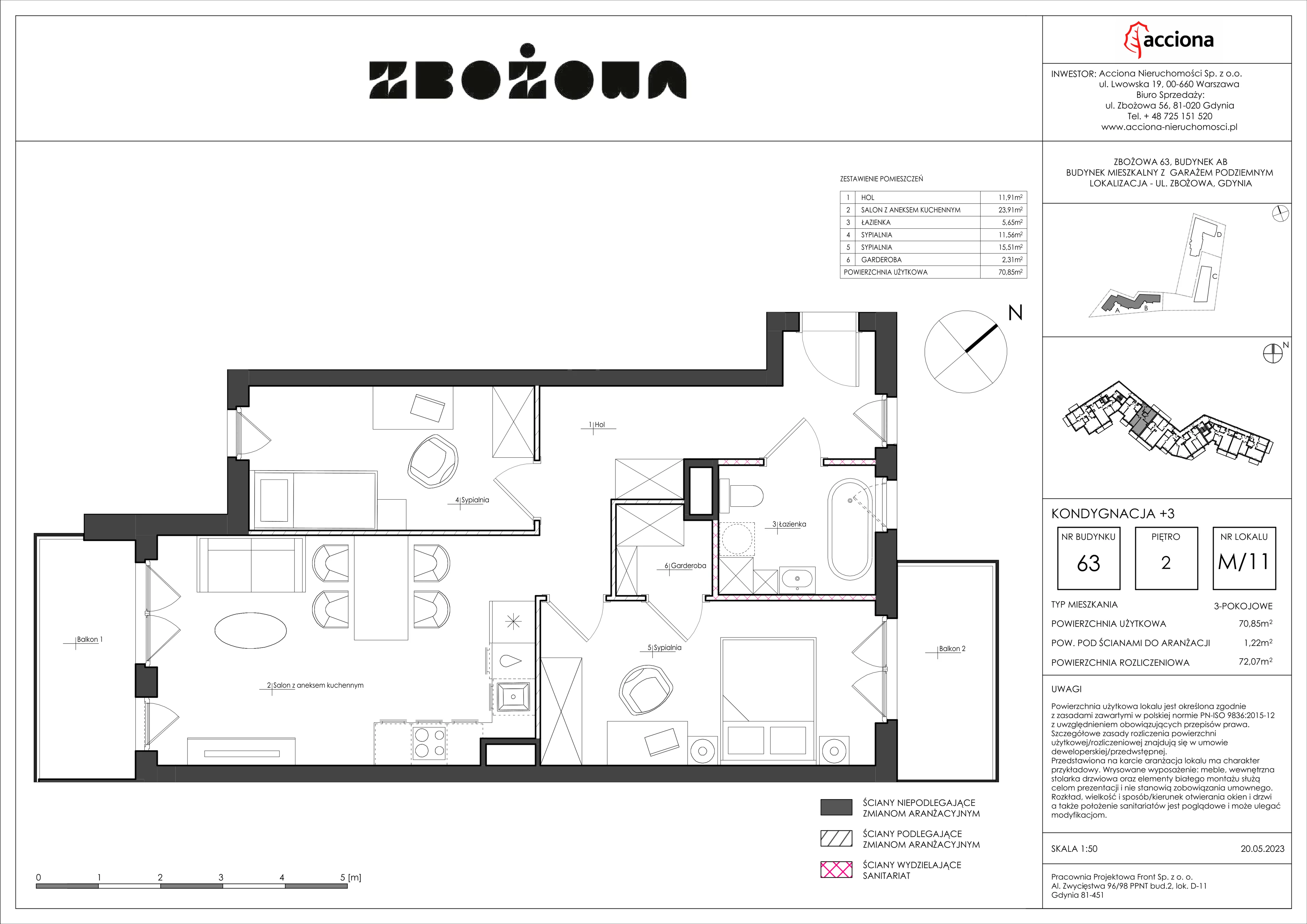 3 pokoje, mieszkanie 72,07 m², piętro 2, oferta nr 63.11, Zbożowa, Gdynia, Cisowa, ul. Zbożowa