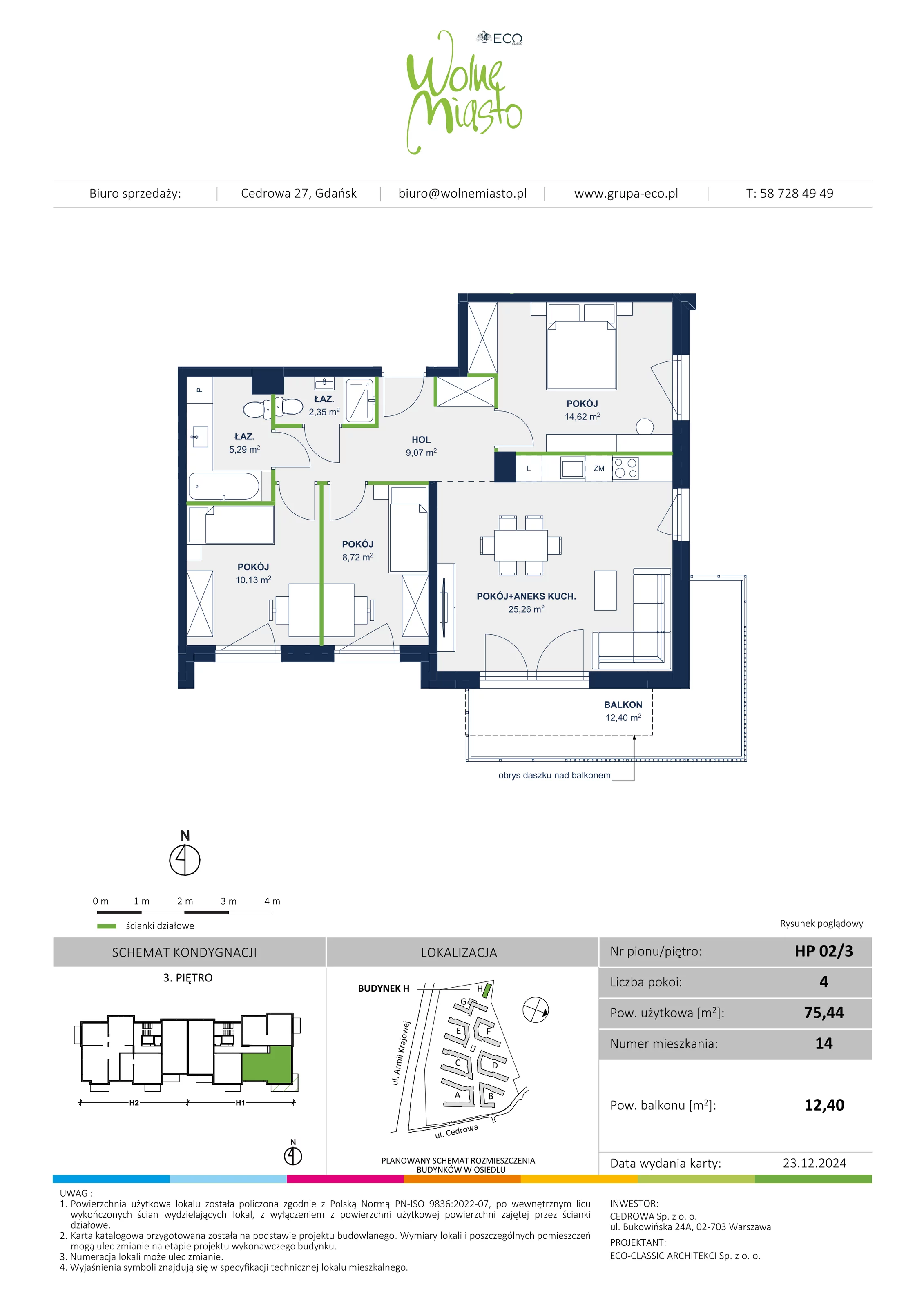 4 pokoje, mieszkanie 75,44 m², piętro 3, oferta nr 14, Wolne Miasto, Gdańsk, Ujeścisko-Łostowice, Ujeścisko, ul. Cedrowa 33