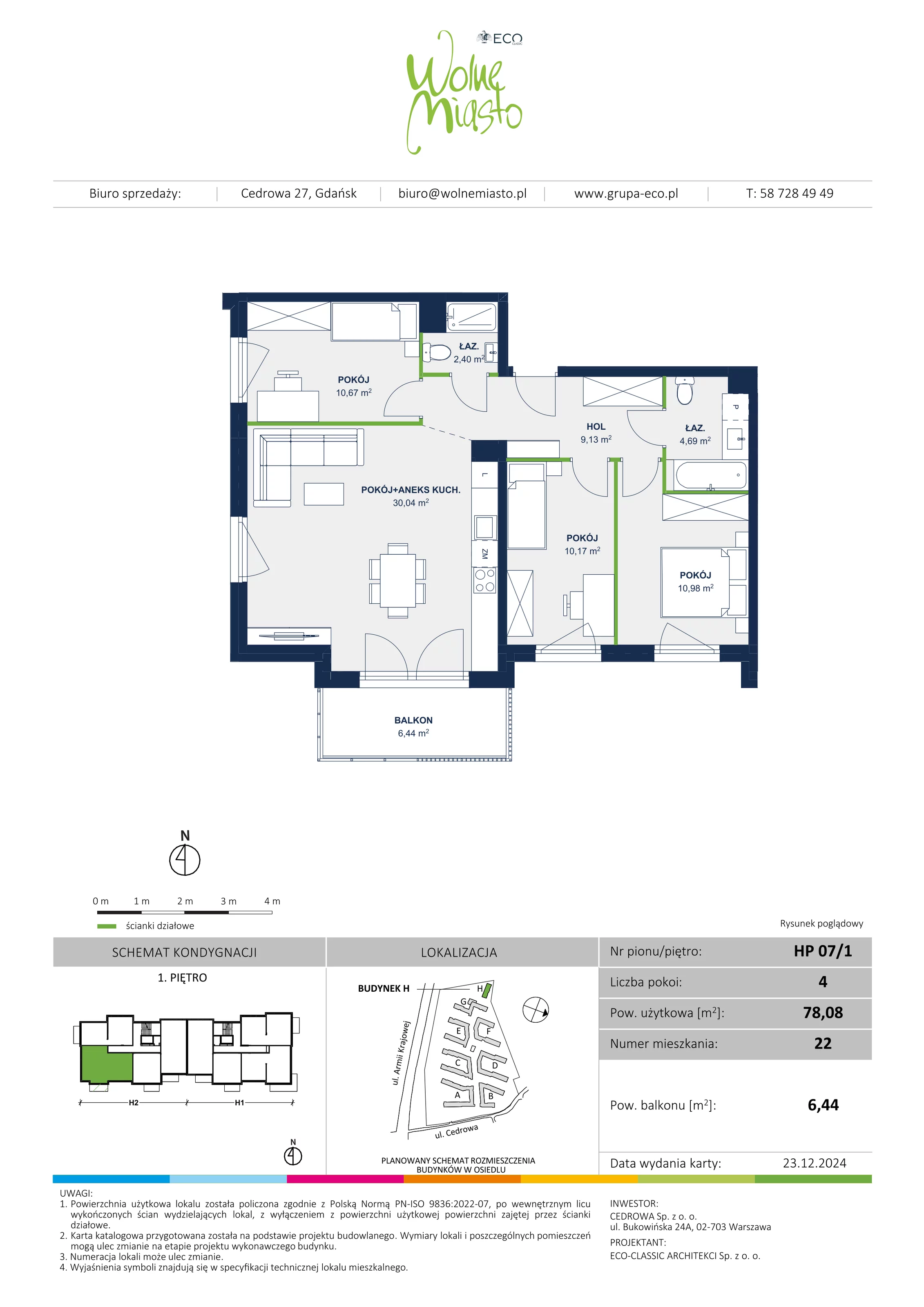 4 pokoje, mieszkanie 78,08 m², piętro 1, oferta nr 22, Wolne Miasto, Gdańsk, Ujeścisko-Łostowice, Ujeścisko, ul. Cedrowa 33
