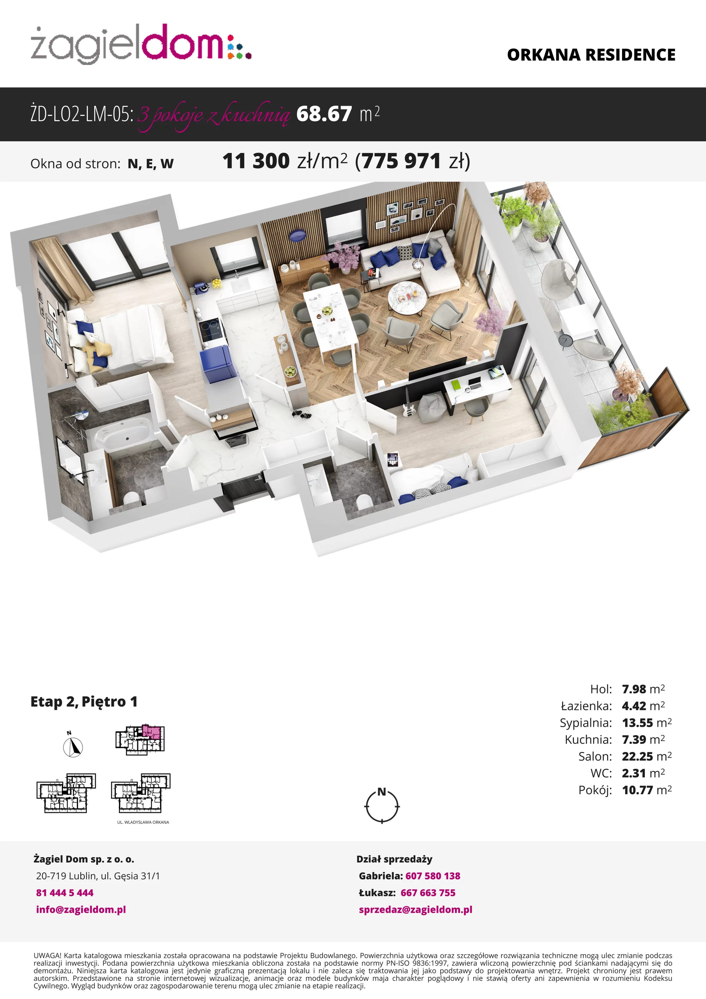 Mieszkanie 68,67 m², piętro 1, oferta nr LM-05, Orkana Residence II etap, Lublin, Czuby Północne, Czuby Północne, ul. Władysława Orkana