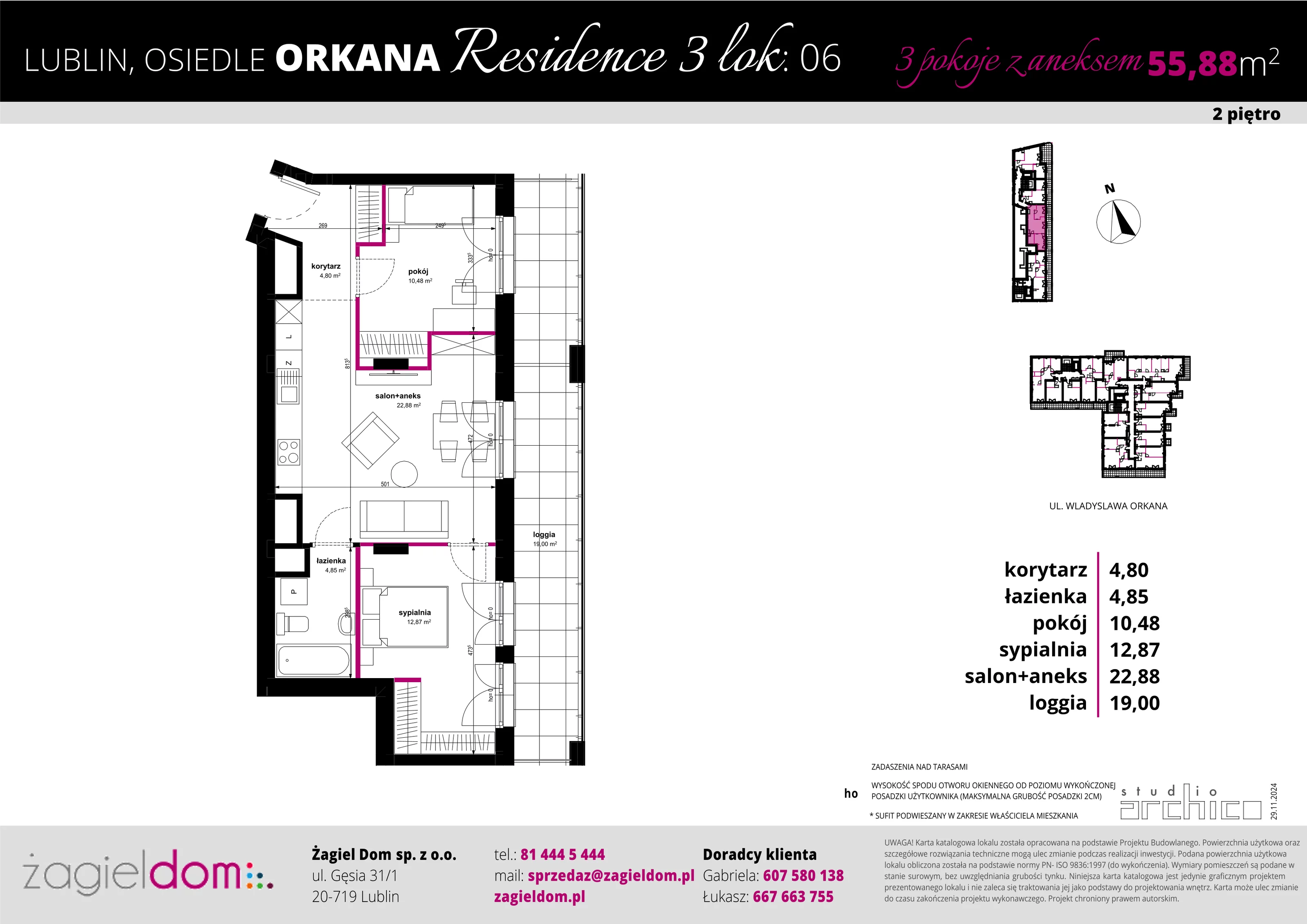 3 pokoje, mieszkanie 55,88 m², piętro 2, oferta nr 6, Orkana Residence III Etap, Lublin, Czuby Północne, Czuby Północne, ul. Orkana