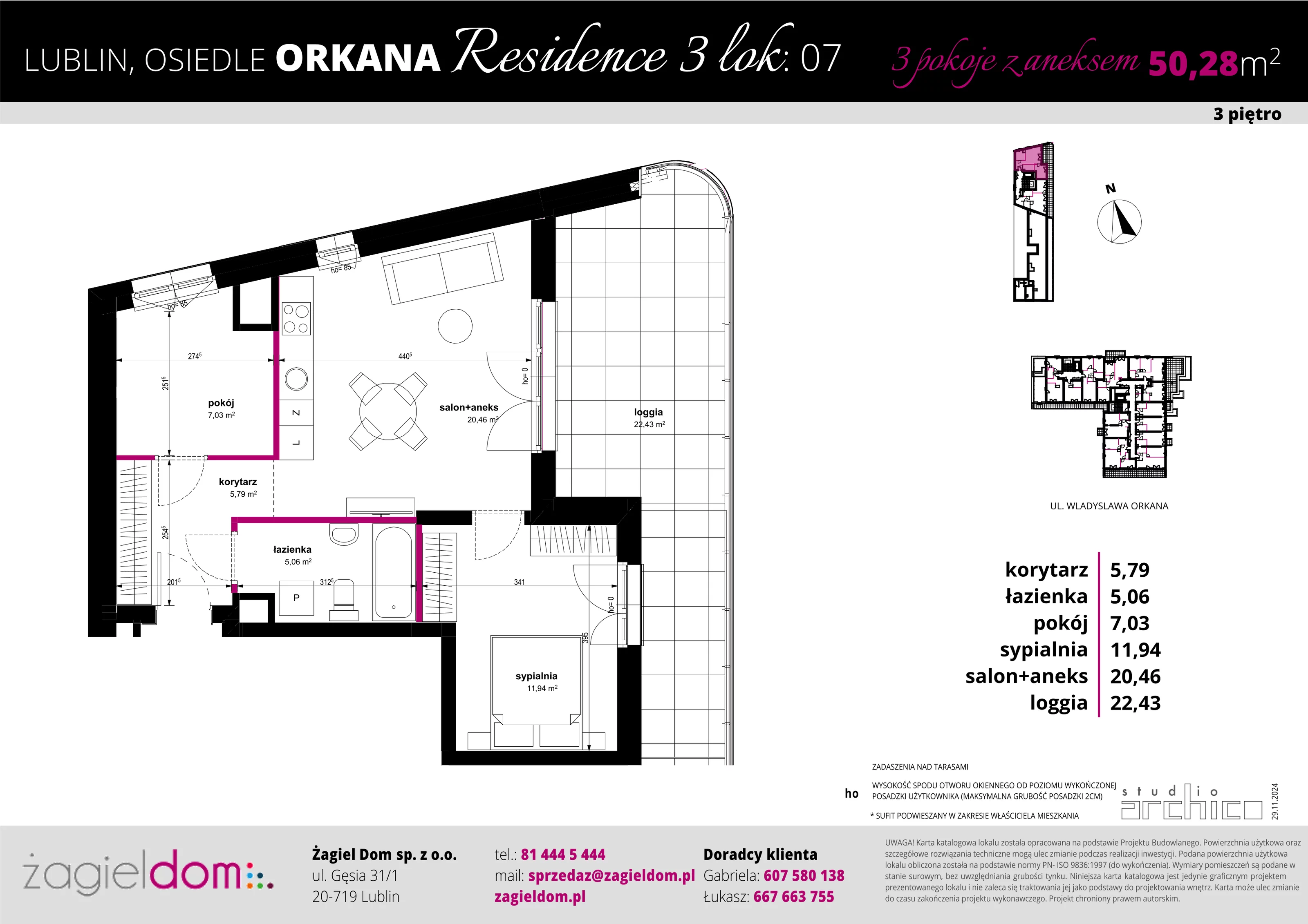 3 pokoje, mieszkanie 50,28 m², piętro 3, oferta nr 7, Orkana Residence III Etap, Lublin, Czuby Północne, Czuby Północne, ul. Orkana