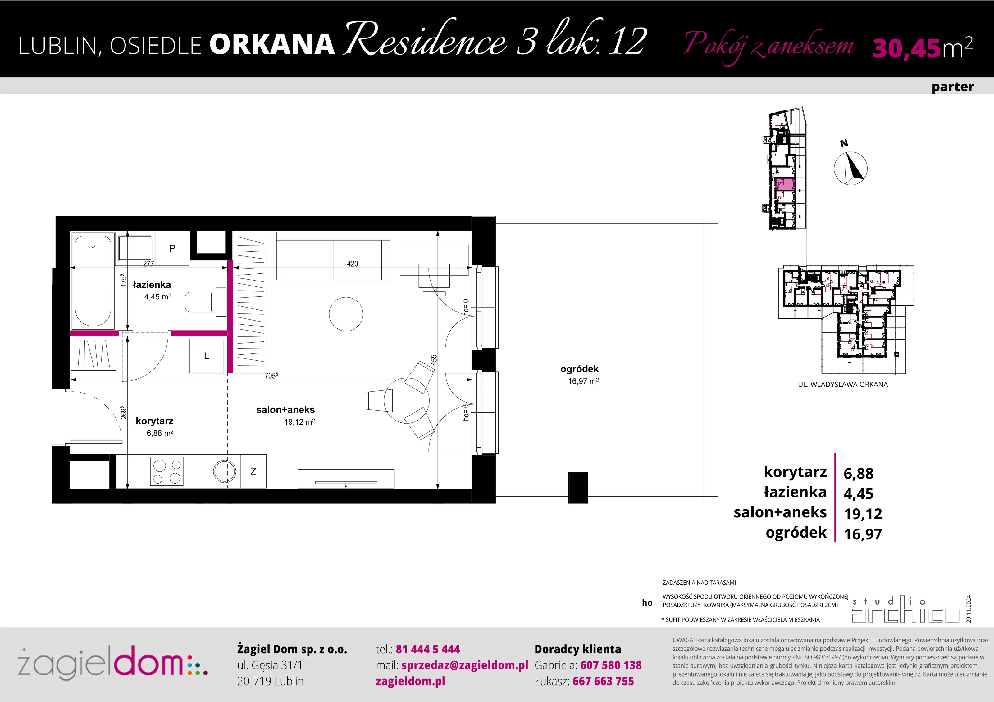 1 pokój, apartament 30,45 m², parter, oferta nr 12, Orkana Residence III Etap, Lublin, Czuby Północne, Czuby Północne, ul. Orkana