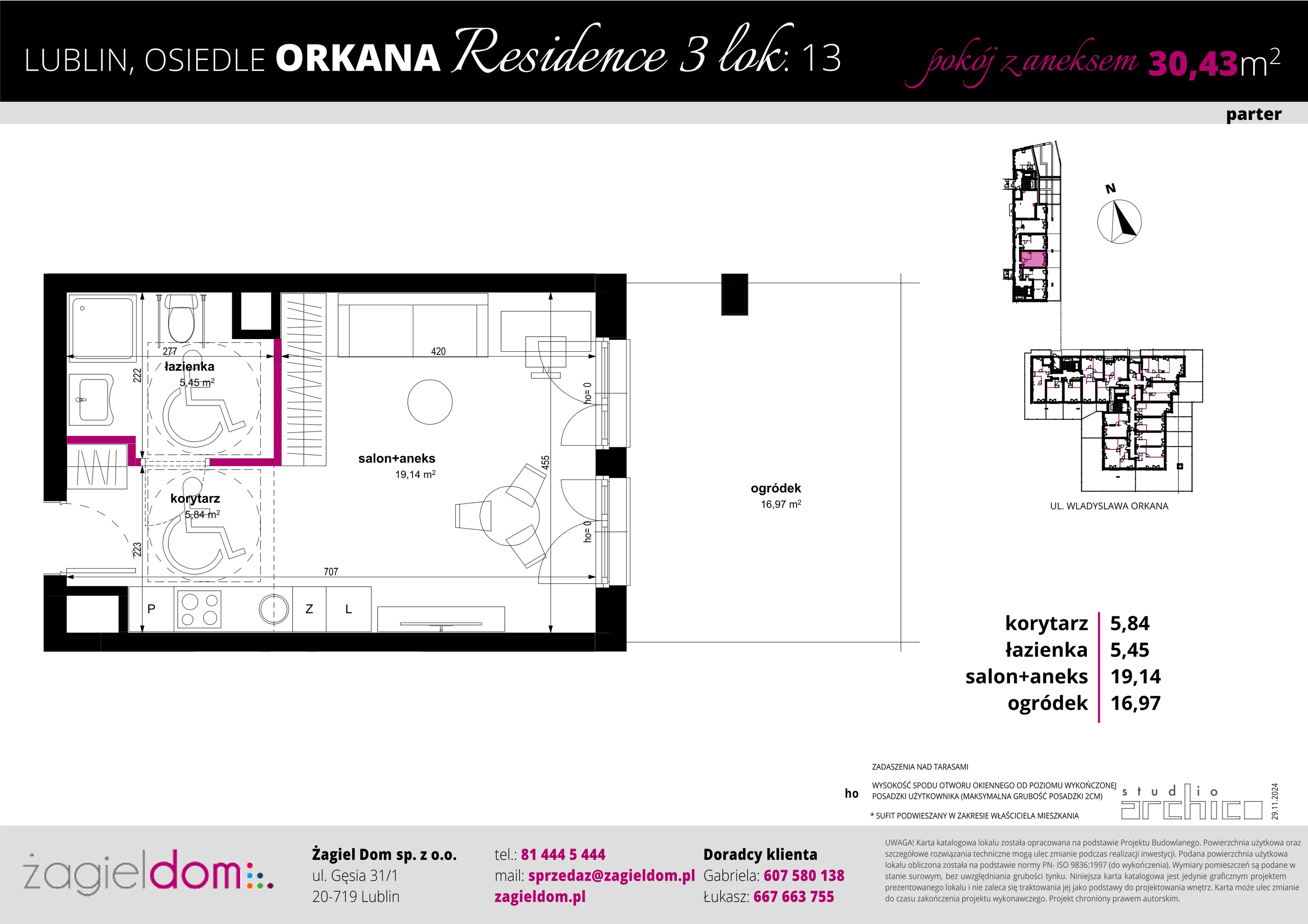 1 pokój, apartament 30,43 m², parter, oferta nr 13, Orkana Residence III Etap, Lublin, Czuby Północne, Czuby Północne, ul. Orkana