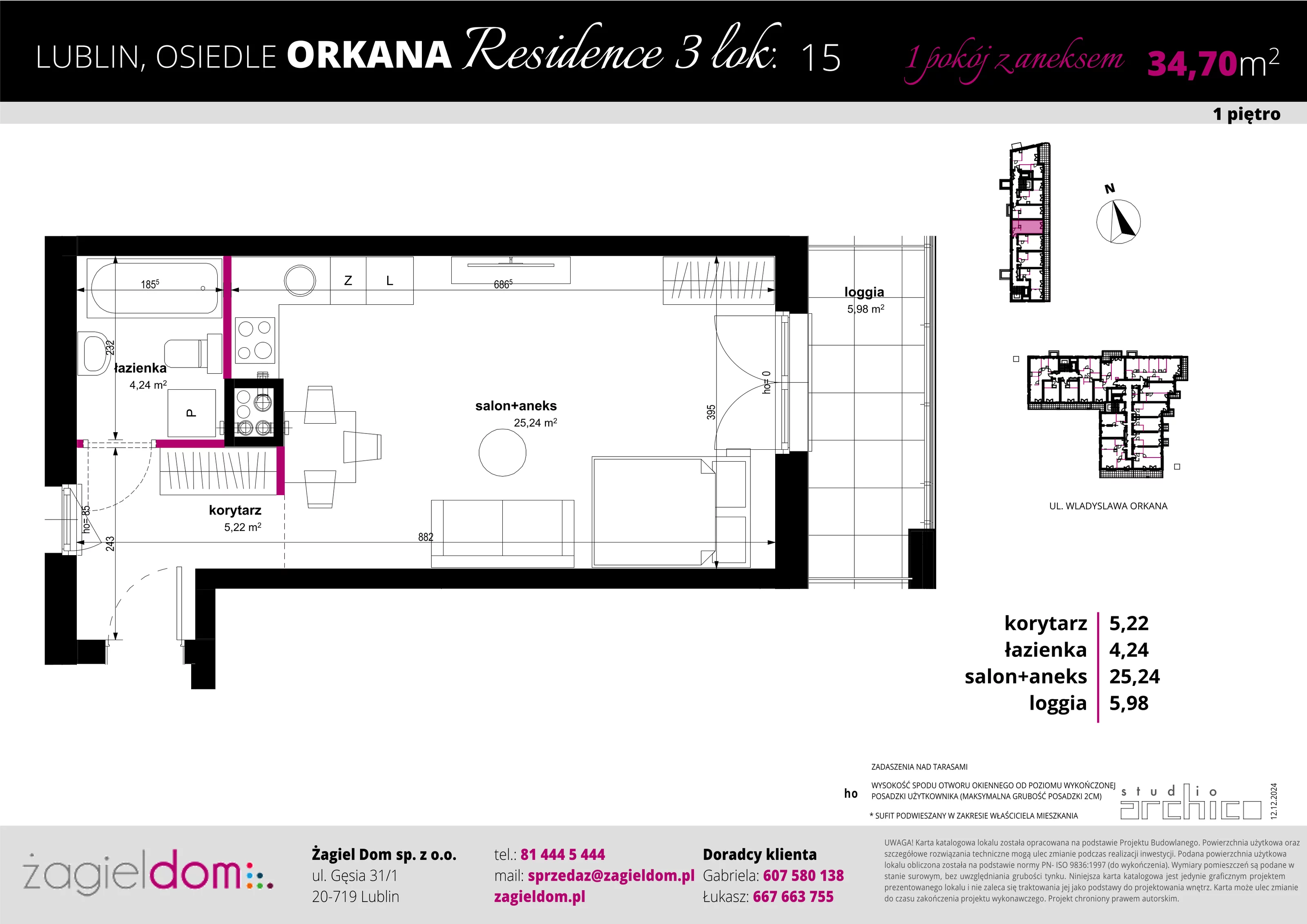 1 pokój, mieszkanie 34,70 m², piętro 1, oferta nr 15, Orkana Residence III Etap, Lublin, Czuby Północne, Czuby Północne, ul. Orkana