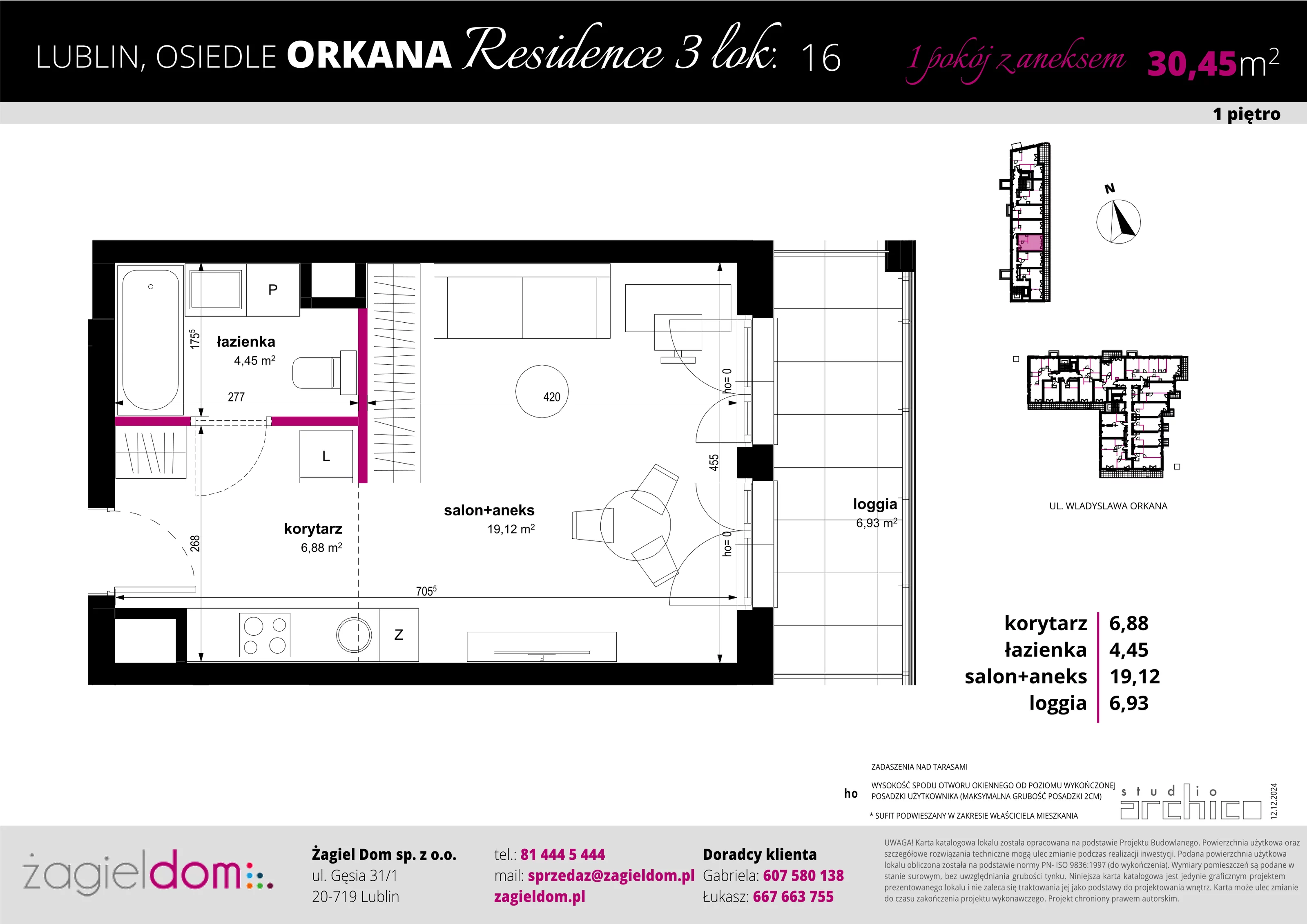 1 pokój, apartament 30,45 m², piętro 1, oferta nr 16, Orkana Residence III Etap, Lublin, Czuby Północne, Czuby Północne, ul. Orkana