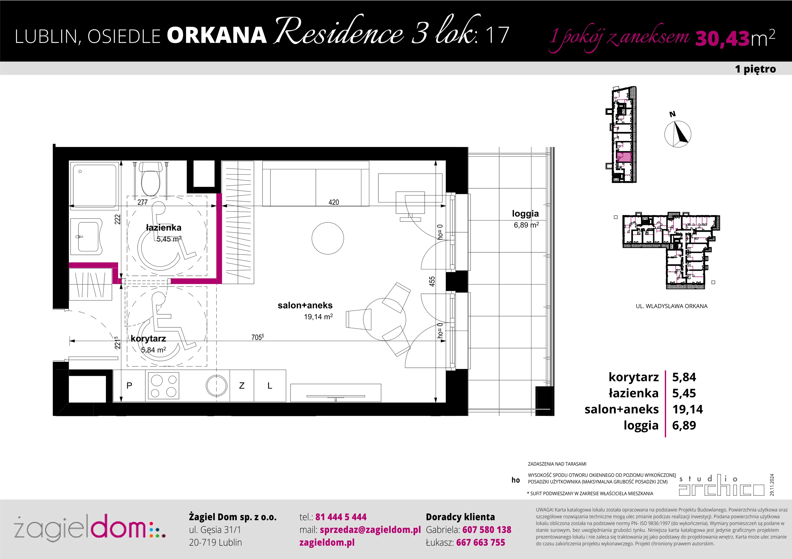 1 pokój, apartament 30,43 m², piętro 1, oferta nr 17, Orkana Residence III Etap, Lublin, Czuby Północne, Czuby Północne, ul. Orkana