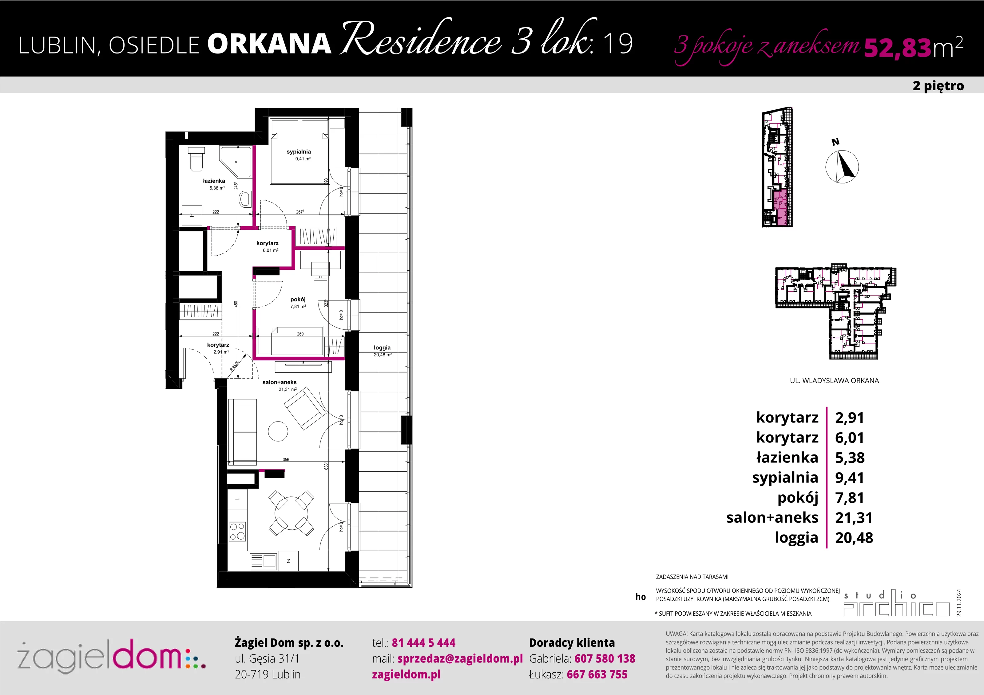 3 pokoje, mieszkanie 52,83 m², piętro 2, oferta nr 19, Orkana Residence III Etap, Lublin, Czuby Północne, Czuby Północne, ul. Orkana