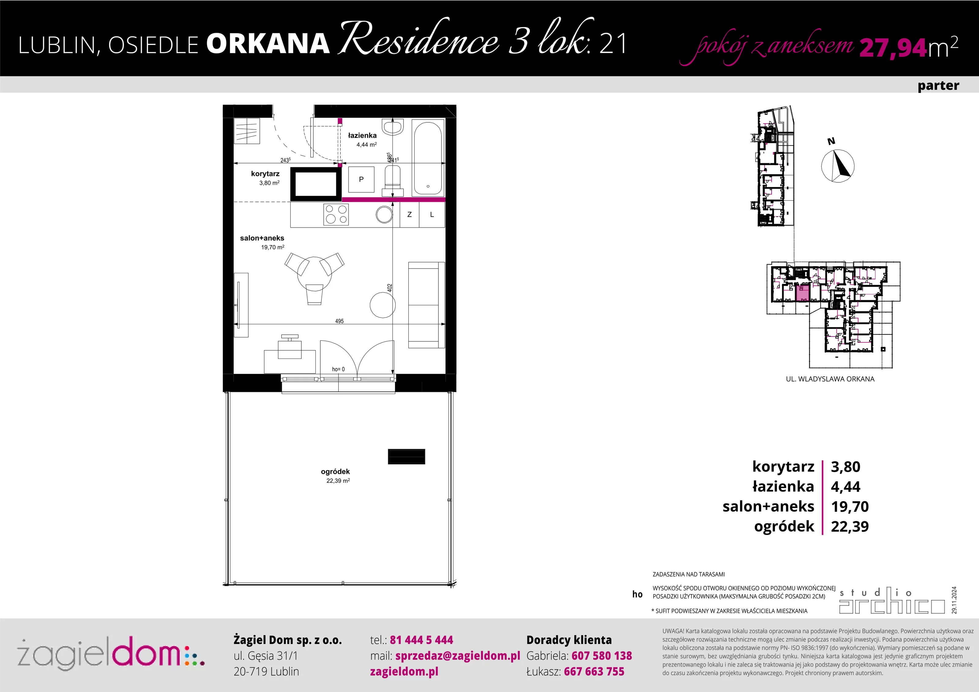 1 pokój, apartament 27,94 m², parter, oferta nr 21, Orkana Residence III Etap, Lublin, Czuby Północne, Czuby Północne, ul. Orkana