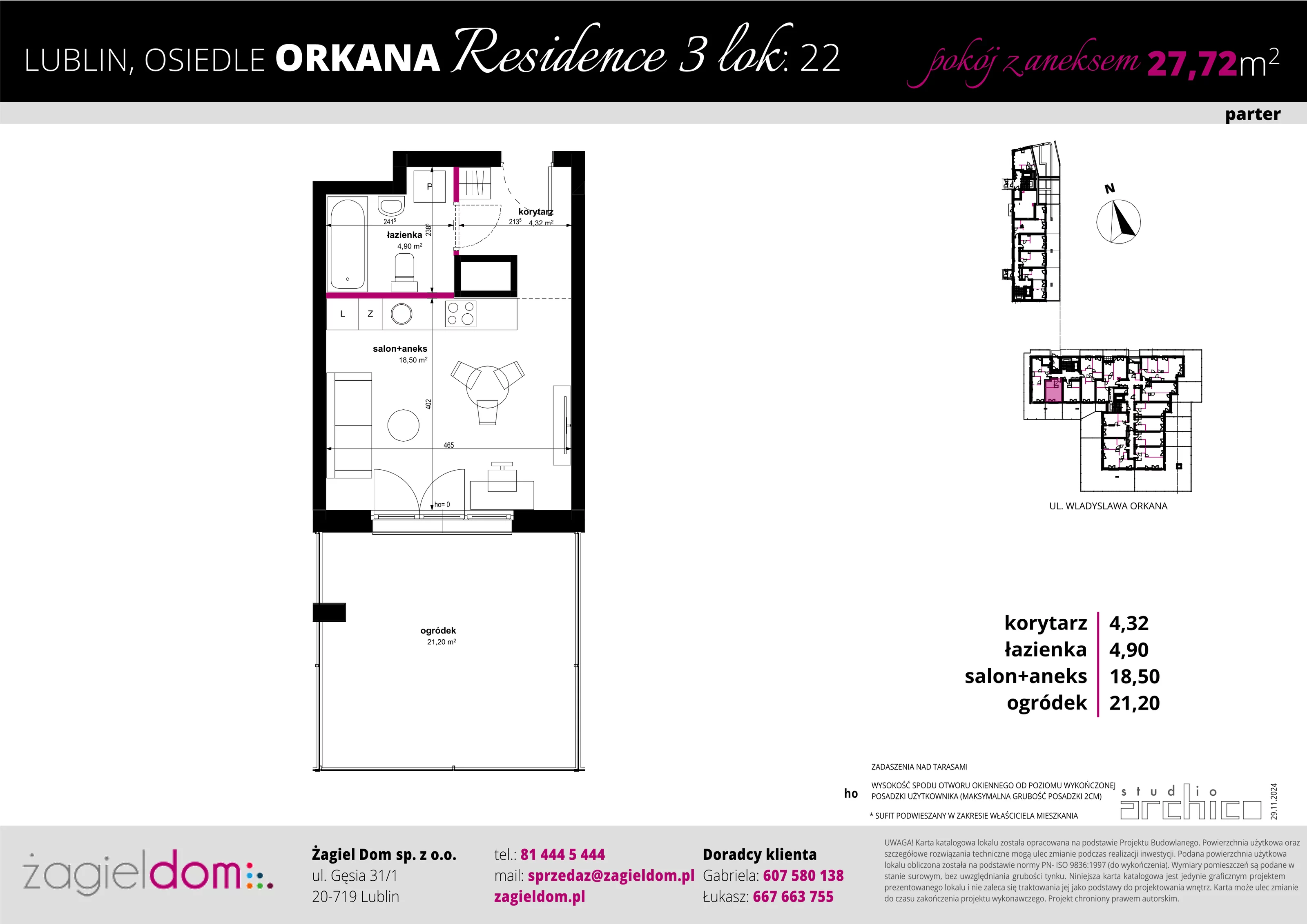 1 pokój, apartament 27,72 m², parter, oferta nr 22, Orkana Residence III Etap, Lublin, Czuby Północne, Czuby Północne, ul. Orkana