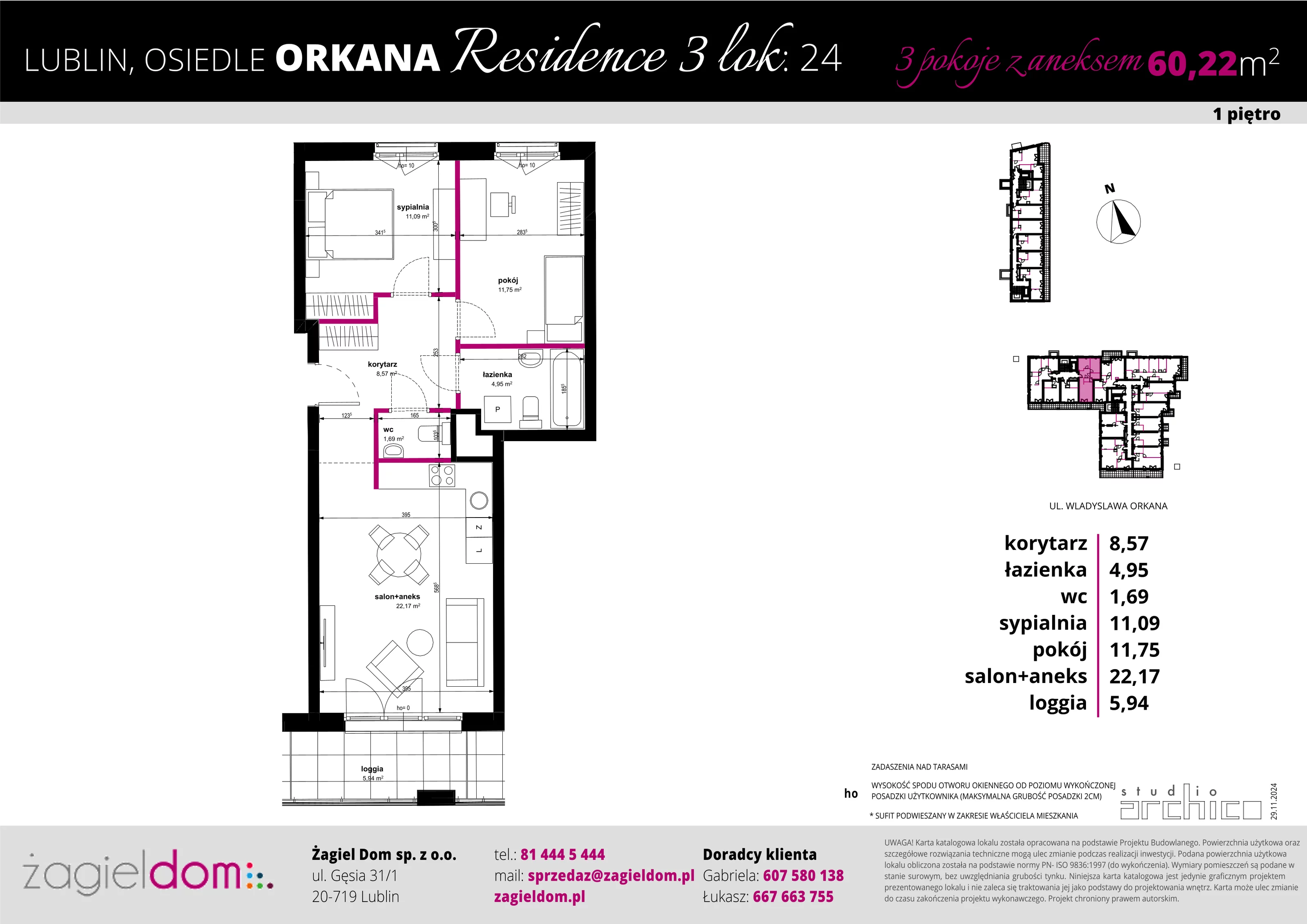 3 pokoje, mieszkanie 60,22 m², piętro 1, oferta nr 24, Orkana Residence III Etap, Lublin, Czuby Północne, Czuby Północne, ul. Orkana