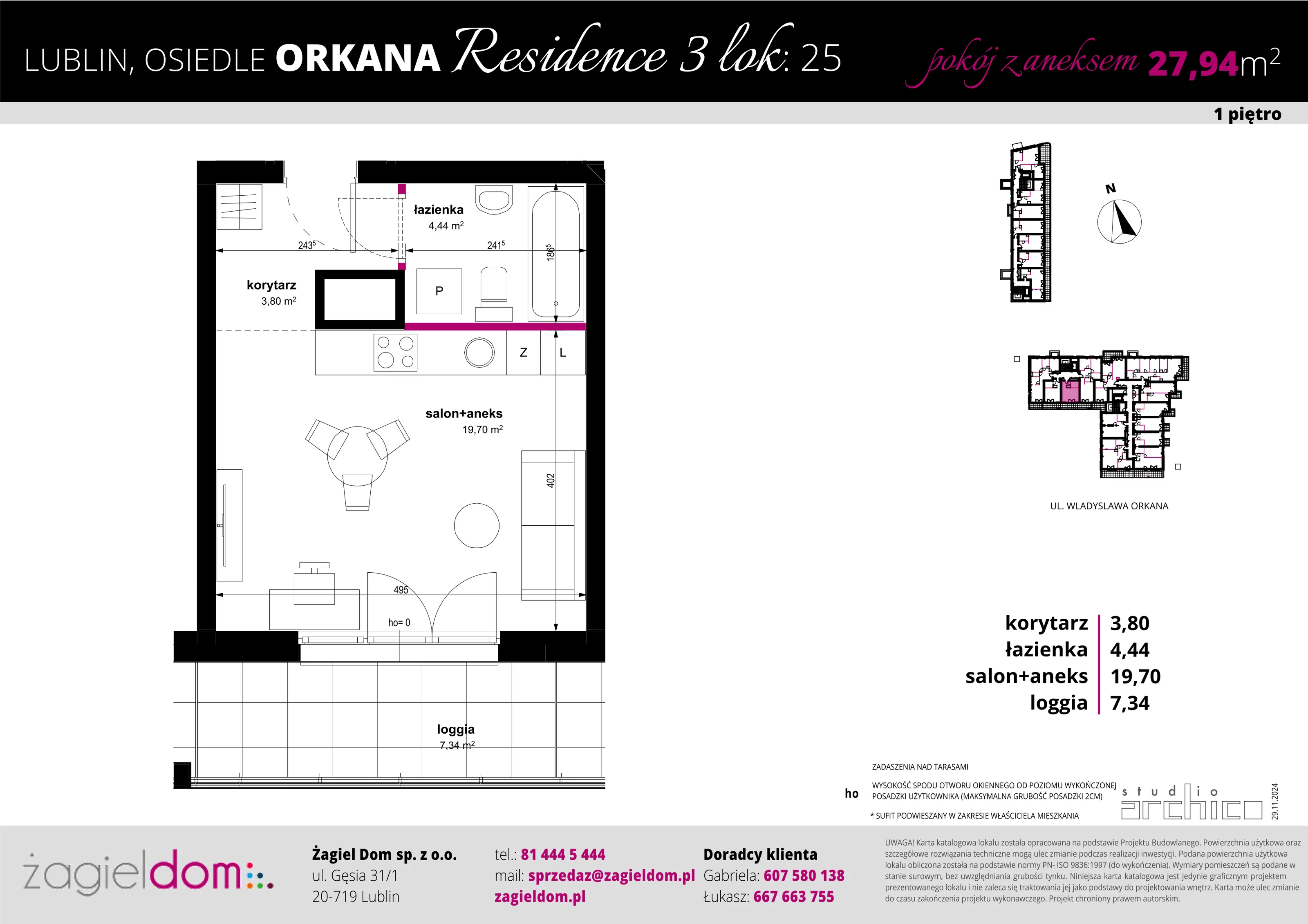 1 pokój, apartament 27,94 m², piętro 1, oferta nr 25, Orkana Residence III Etap, Lublin, Czuby Północne, Czuby Północne, ul. Orkana