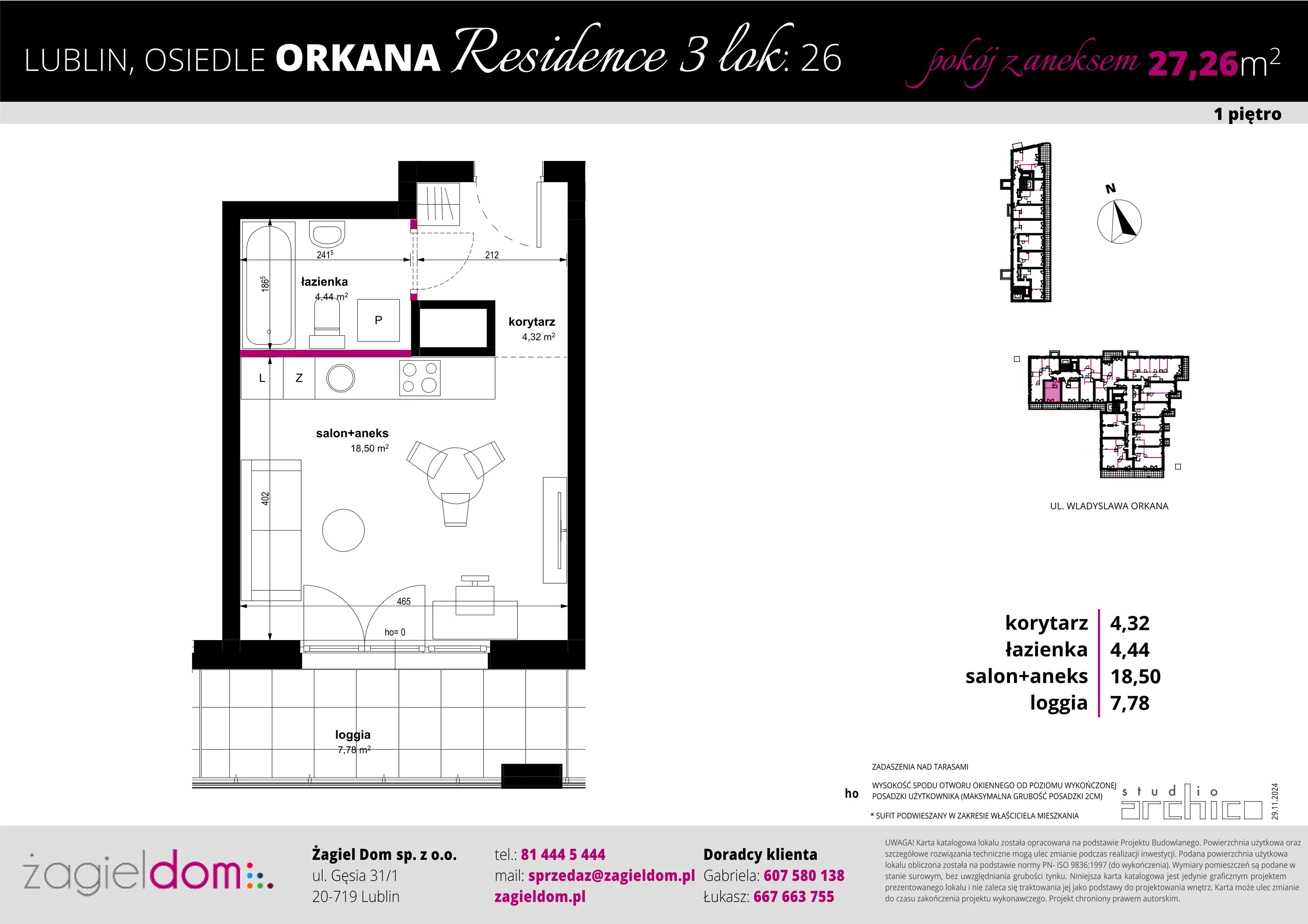 1 pokój, apartament 27,26 m², piętro 1, oferta nr 26, Orkana Residence III Etap, Lublin, Czuby Północne, Czuby Północne, ul. Orkana