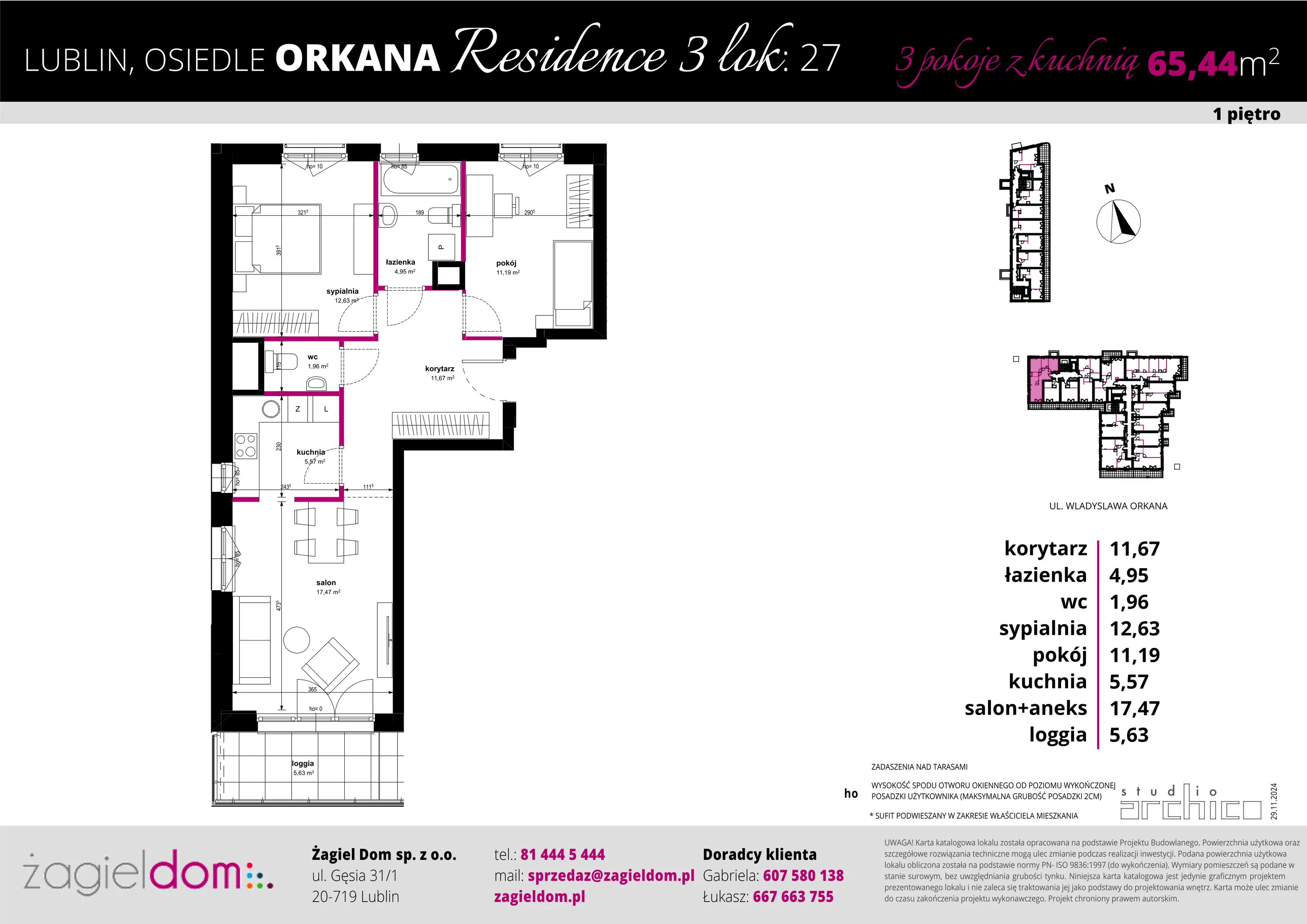 3 pokoje, mieszkanie 65,44 m², piętro 1, oferta nr 27, Orkana Residence III Etap, Lublin, Czuby Północne, Czuby Północne, ul. Orkana