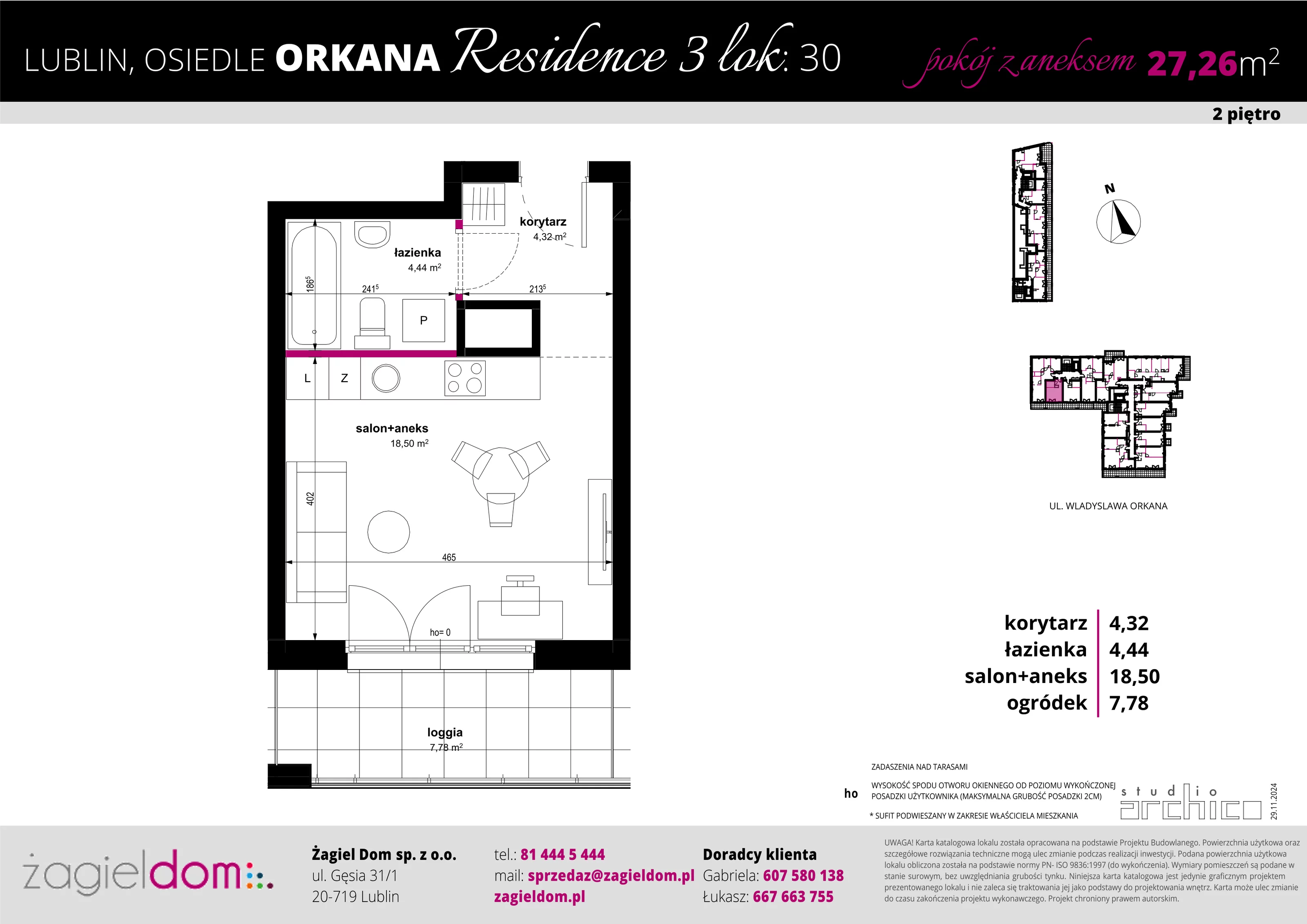 1 pokój, mieszkanie 27,26 m², piętro 2, oferta nr 30, Orkana Residence III Etap, Lublin, Czuby Północne, Czuby Północne, ul. Orkana