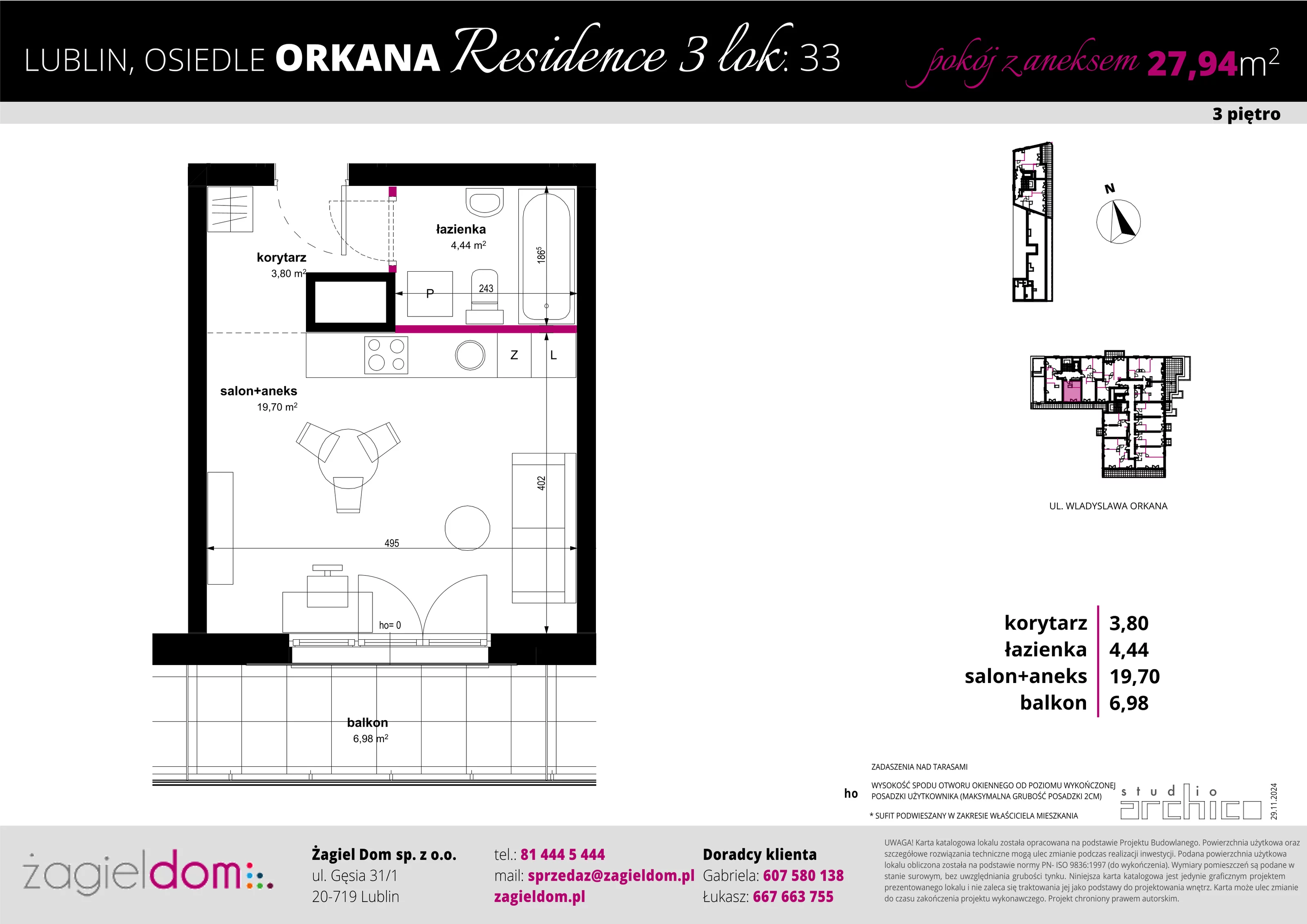 1 pokój, apartament 27,94 m², piętro 3, oferta nr 33, Orkana Residence III Etap, Lublin, Czuby Północne, Czuby Północne, ul. Orkana