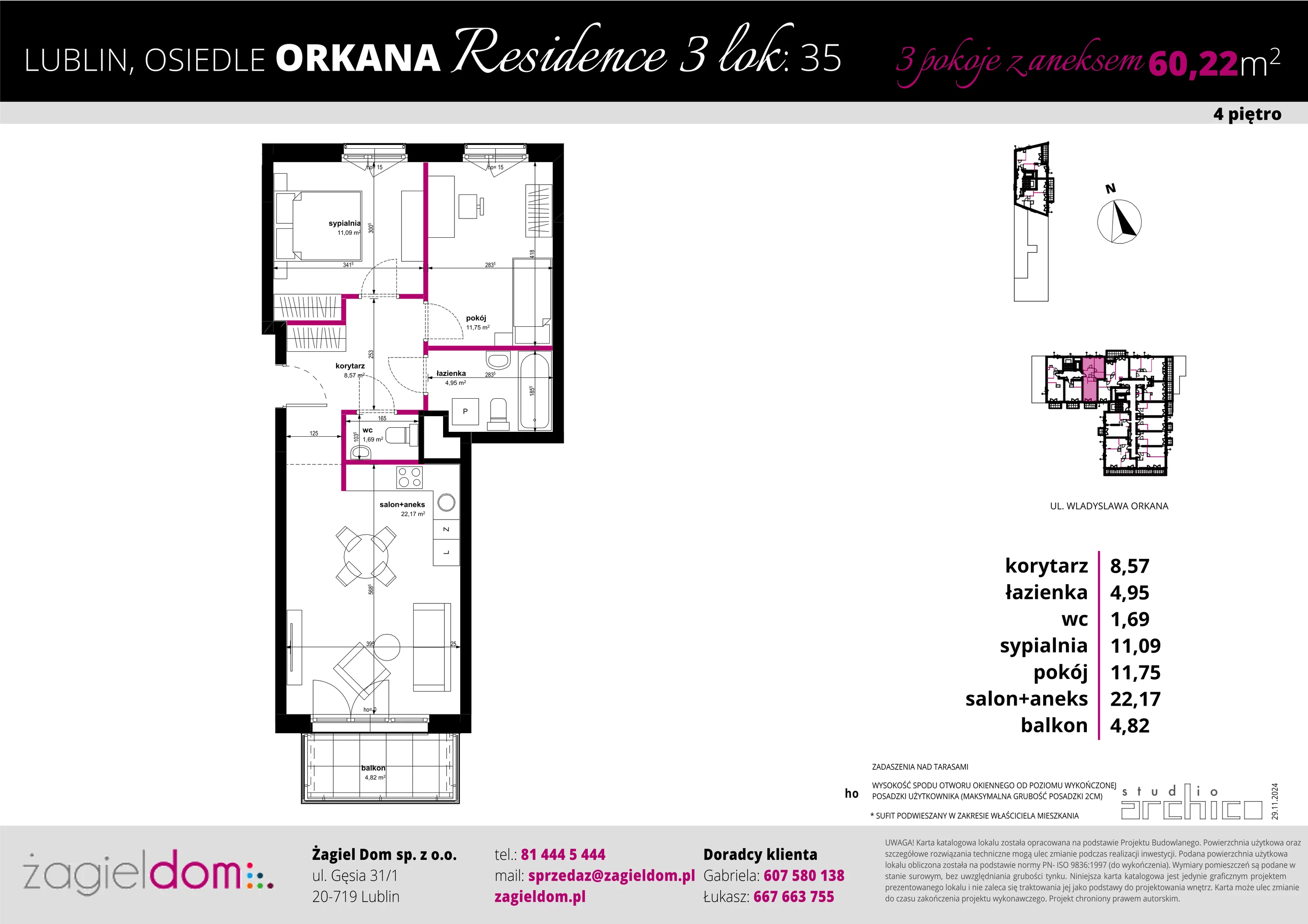 3 pokoje, mieszkanie 60,22 m², piętro 4, oferta nr 35, Orkana Residence III Etap, Lublin, Czuby Północne, Czuby Północne, ul. Orkana