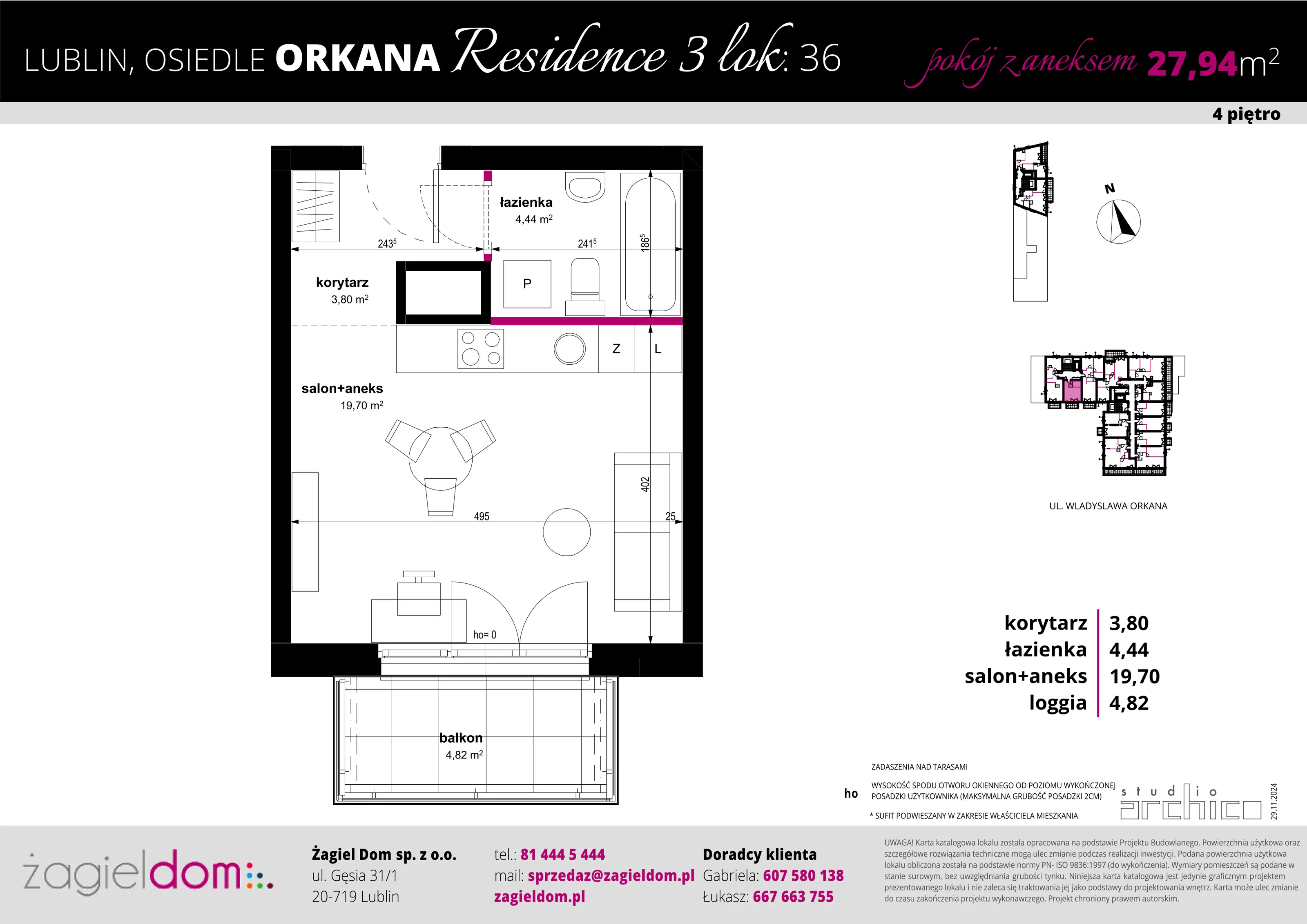 1 pokój, apartament 27,94 m², piętro 4, oferta nr 36, Orkana Residence III Etap, Lublin, Czuby Północne, Czuby Północne, ul. Orkana