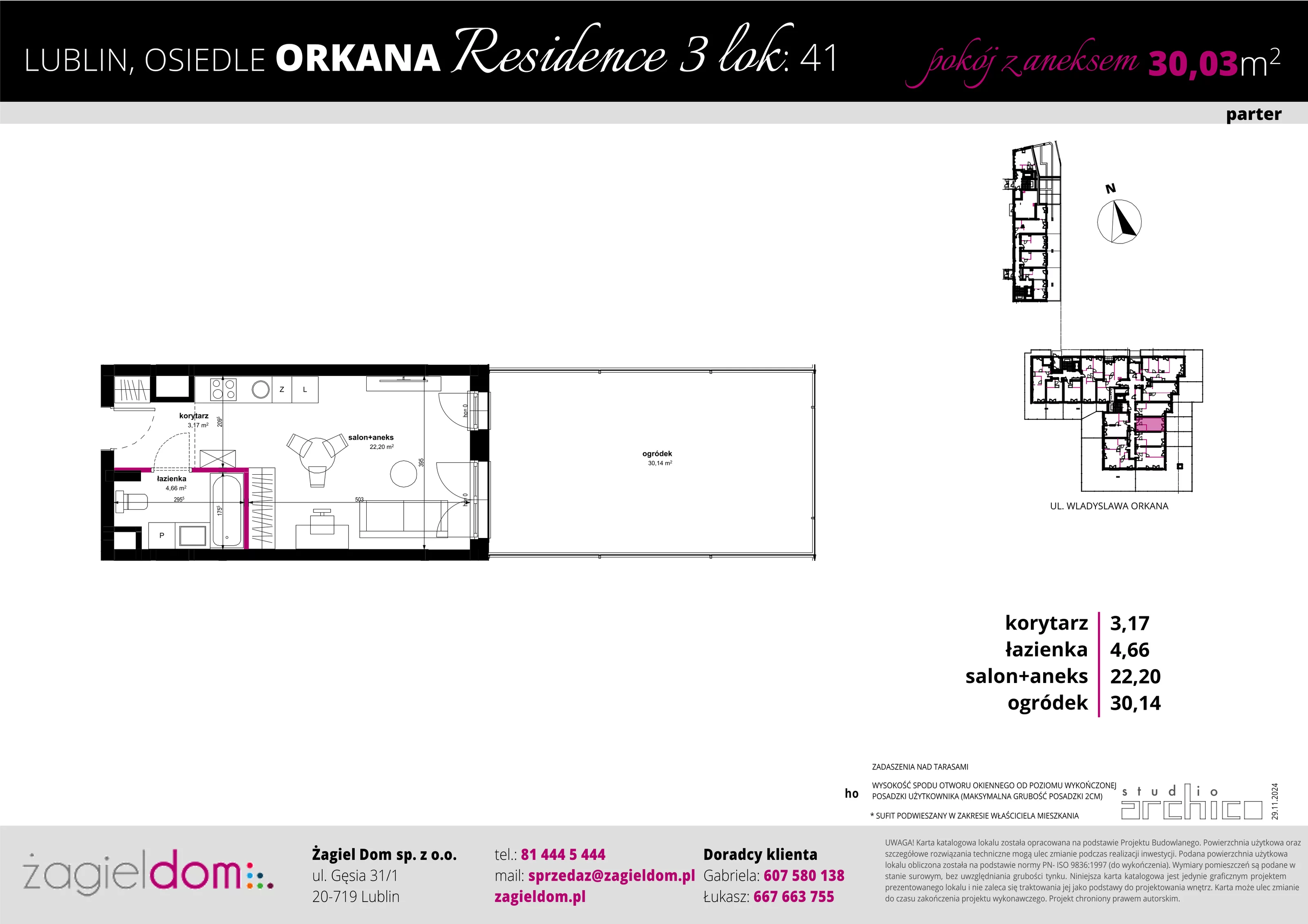 1 pokój, apartament 30,03 m², parter, oferta nr 41, Orkana Residence III Etap, Lublin, Czuby Północne, Czuby Północne, ul. Orkana