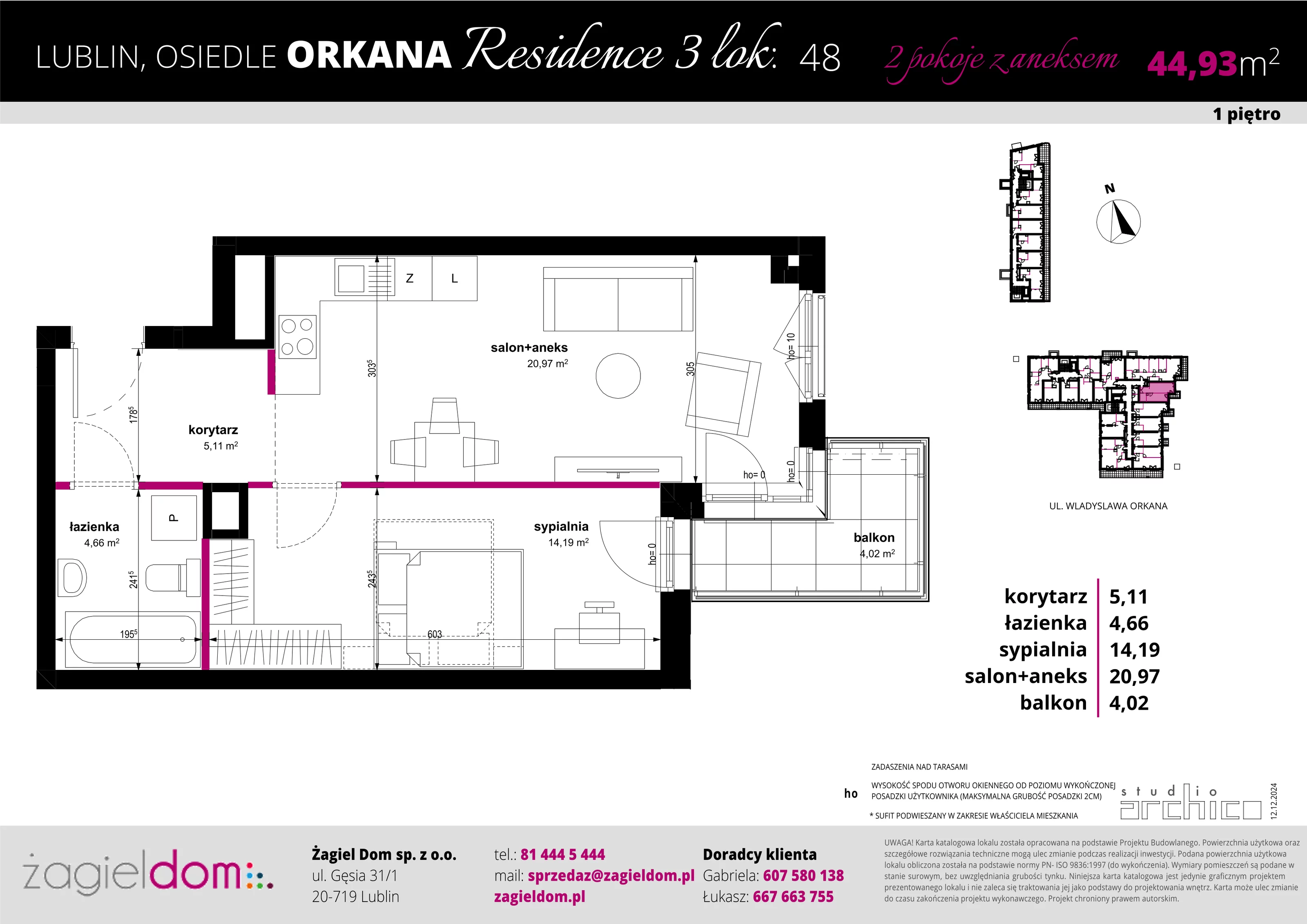 2 pokoje, mieszkanie 44,93 m², piętro 1, oferta nr 48, Orkana Residence III Etap, Lublin, Czuby Północne, Czuby Północne, ul. Orkana