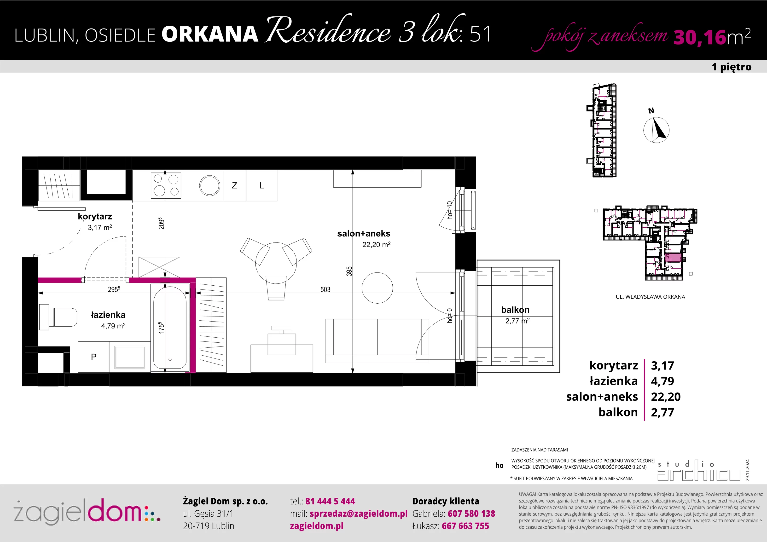 1 pokój, apartament 30,16 m², piętro 1, oferta nr 51, Orkana Residence III Etap, Lublin, Czuby Północne, Czuby Północne, ul. Orkana