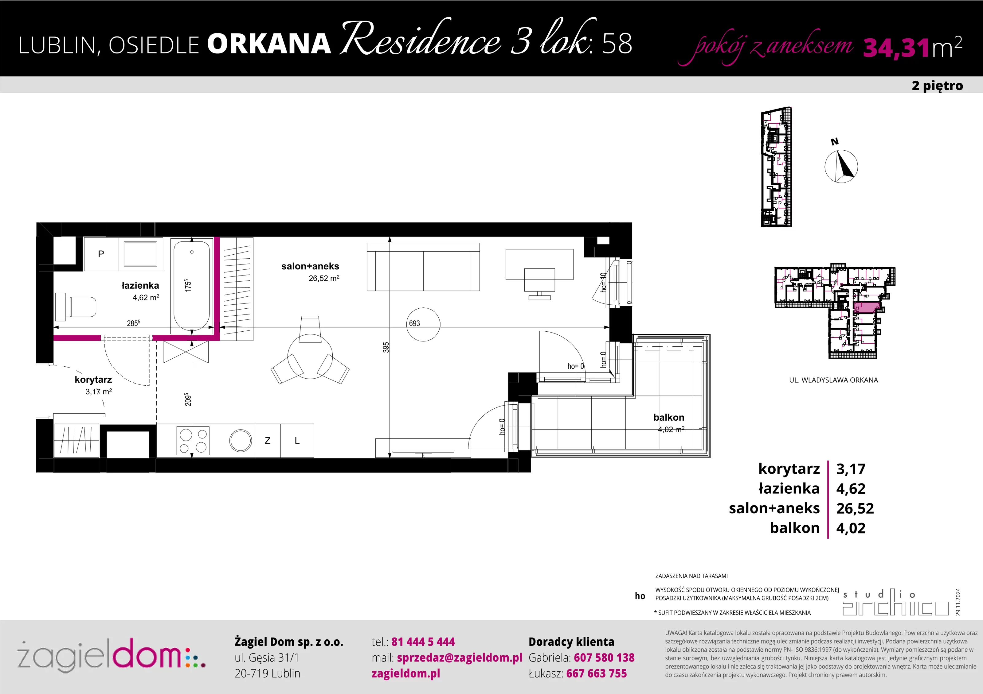 1 pokój, mieszkanie 34,31 m², piętro 2, oferta nr 58, Orkana Residence III Etap, Lublin, Czuby Północne, Czuby Północne, ul. Orkana