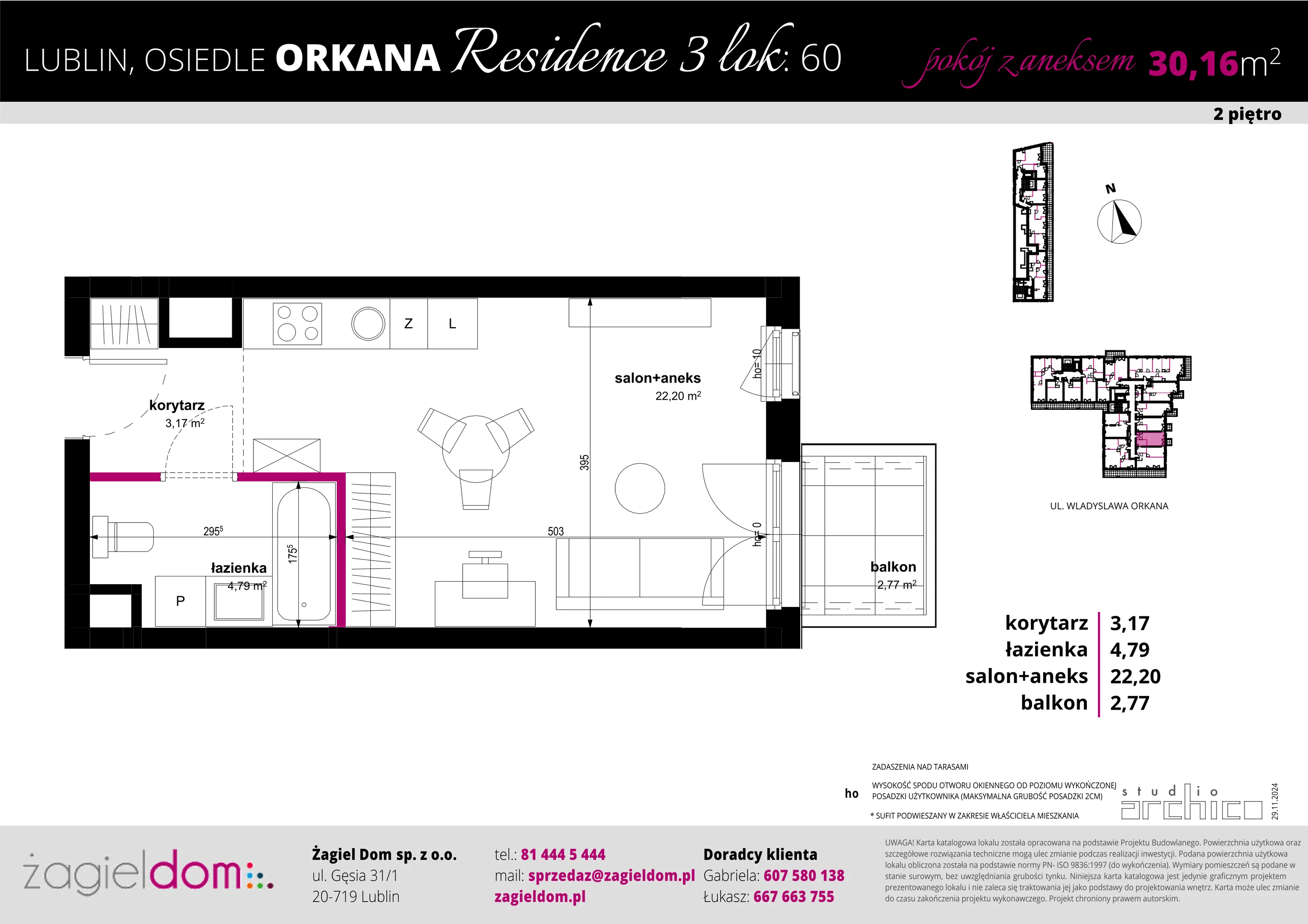 1 pokój, apartament 30,16 m², piętro 2, oferta nr 60, Orkana Residence III Etap, Lublin, Czuby Północne, Czuby Północne, ul. Orkana