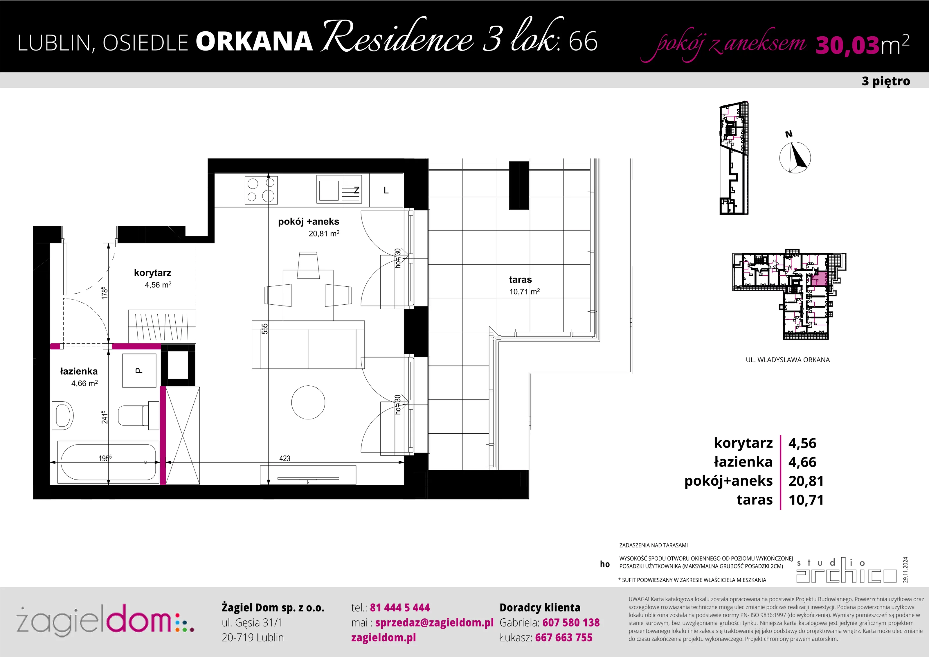 1 pokój, apartament 30,03 m², piętro 3, oferta nr 66, Orkana Residence III Etap, Lublin, Czuby Północne, Czuby Północne, ul. Orkana