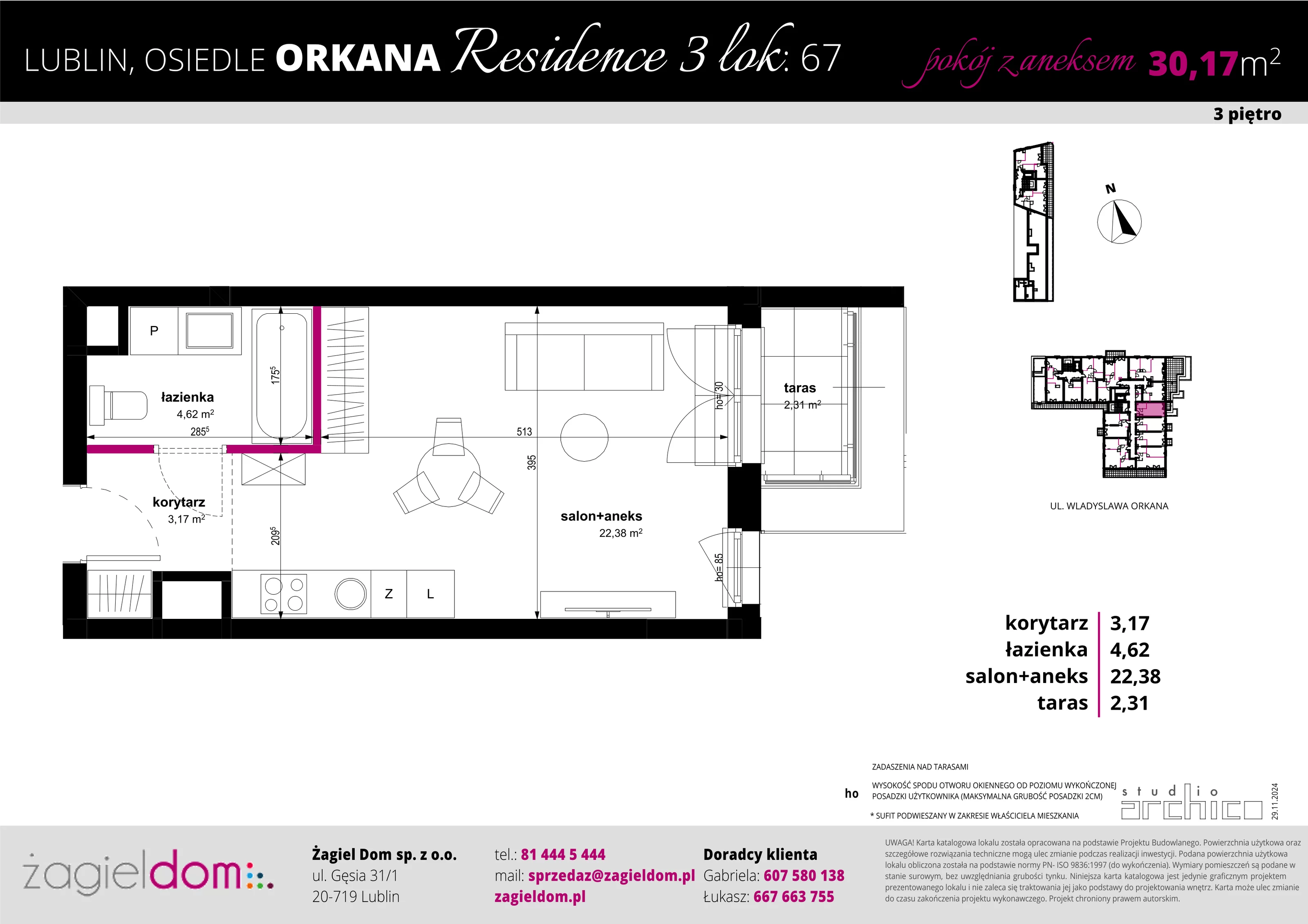 1 pokój, apartament 30,17 m², piętro 3, oferta nr 67, Orkana Residence III Etap, Lublin, Czuby Północne, Czuby Północne, ul. Orkana