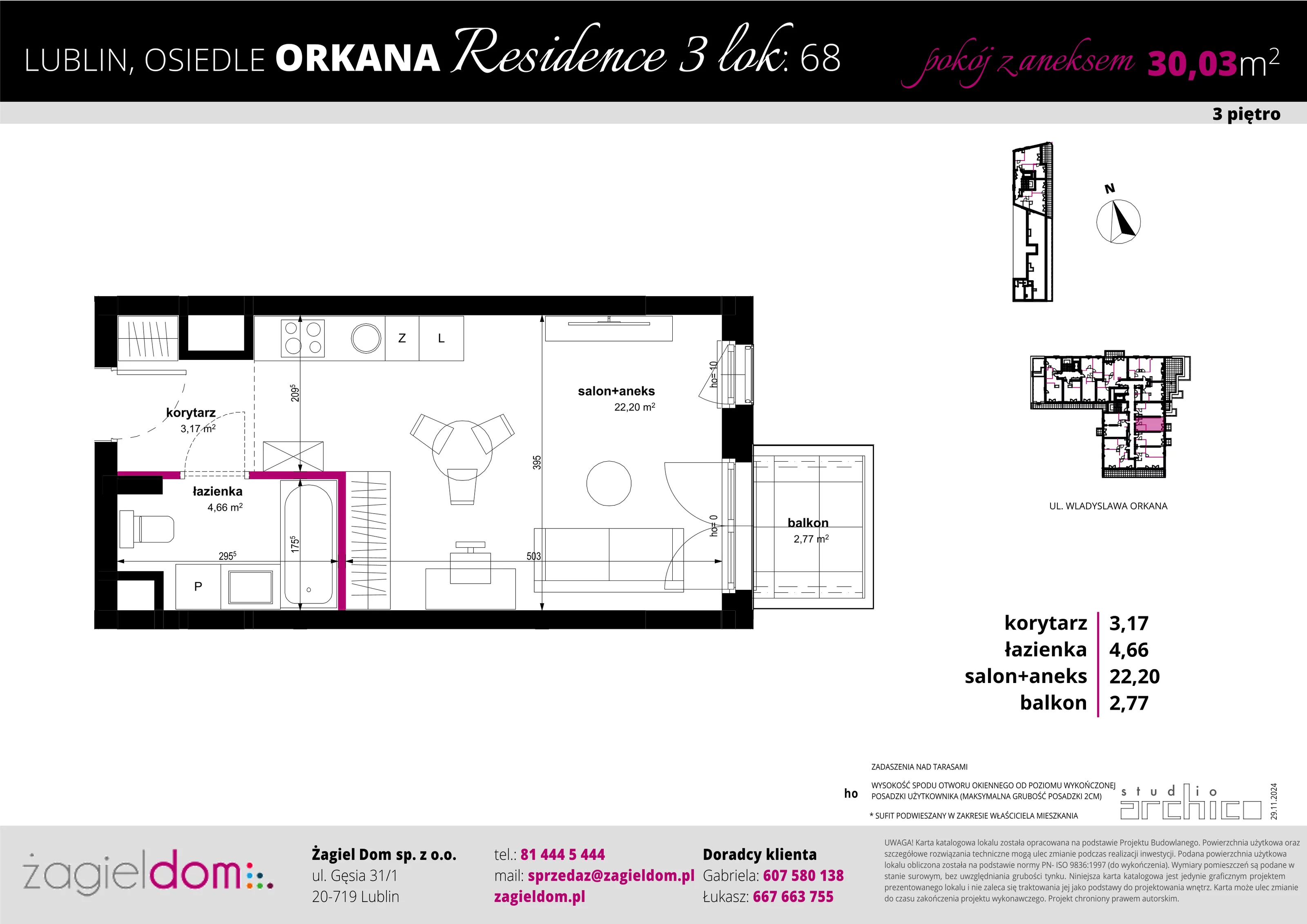 1 pokój, apartament 30,03 m², piętro 3, oferta nr 68, Orkana Residence III Etap, Lublin, Czuby Północne, Czuby Północne, ul. Orkana