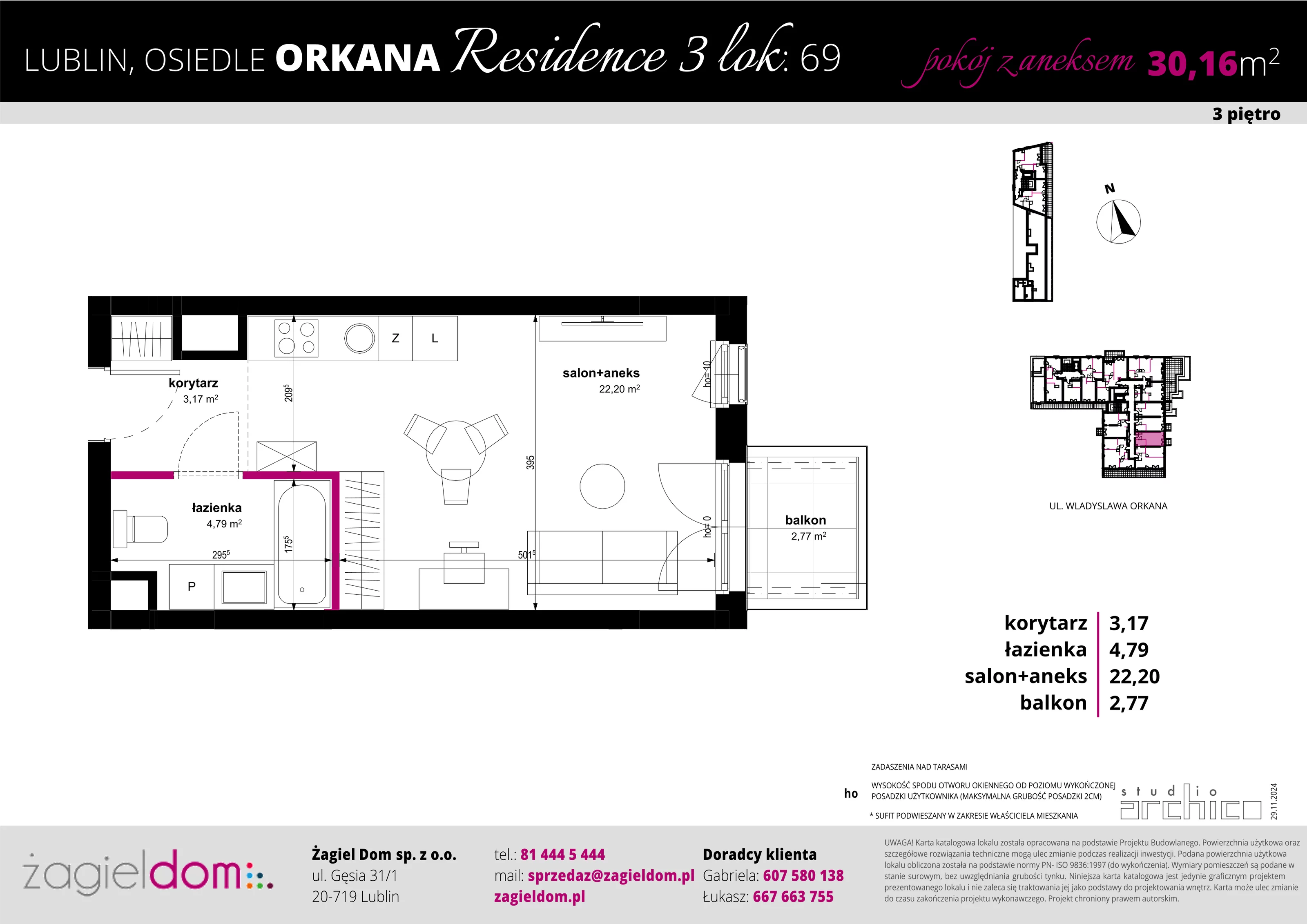 1 pokój, apartament 30,16 m², piętro 3, oferta nr 69, Orkana Residence III Etap, Lublin, Czuby Północne, Czuby Północne, ul. Orkana