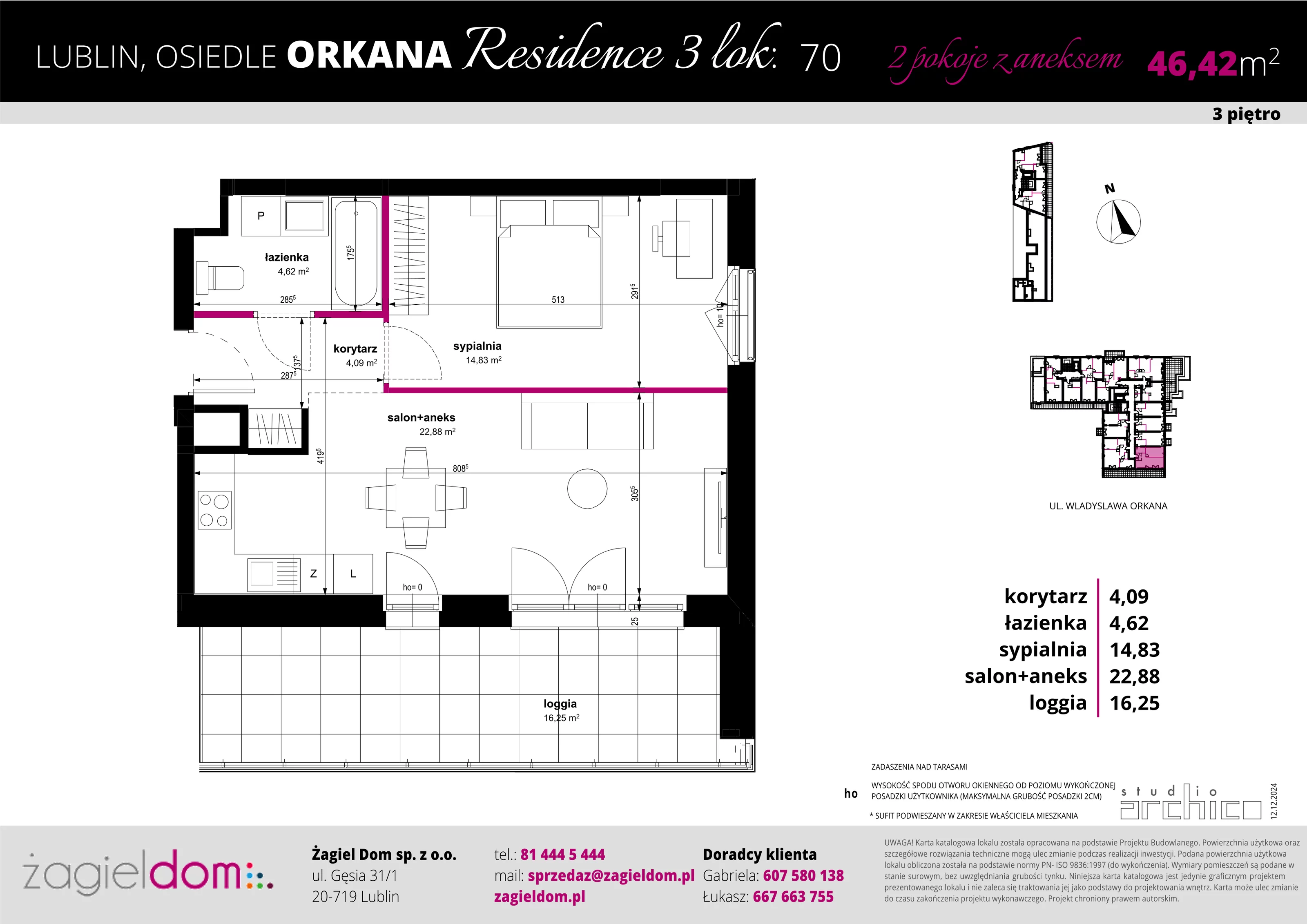 2 pokoje, mieszkanie 46,42 m², piętro 3, oferta nr 70, Orkana Residence III Etap, Lublin, Czuby Północne, Czuby Północne, ul. Orkana