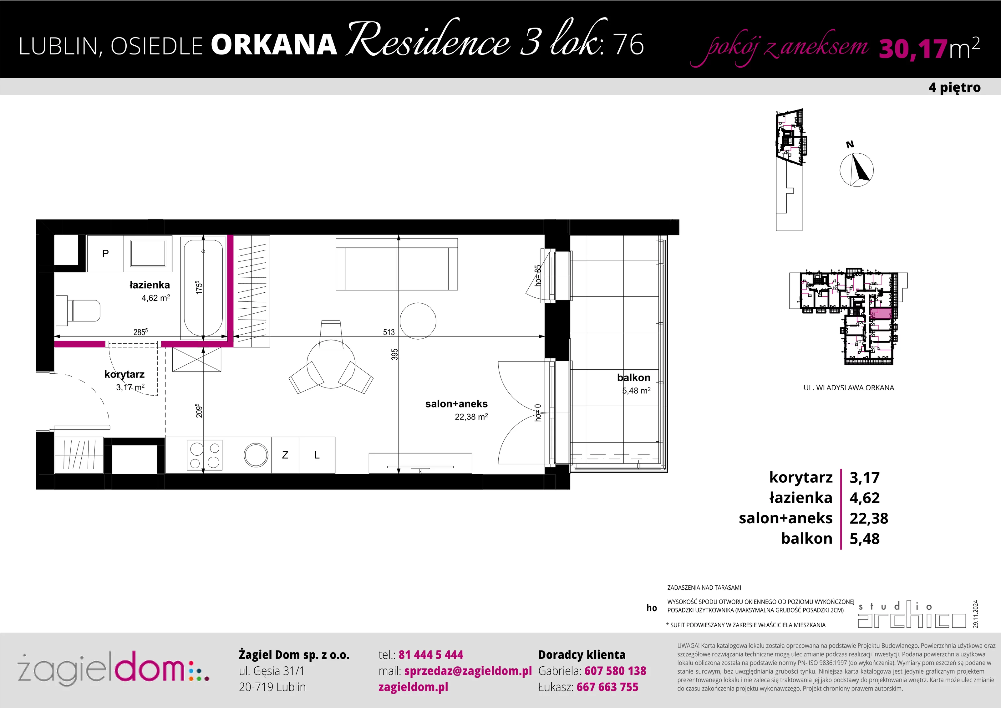 1 pokój, apartament 30,17 m², piętro 4, oferta nr 76, Orkana Residence III Etap, Lublin, Czuby Północne, Czuby Północne, ul. Orkana