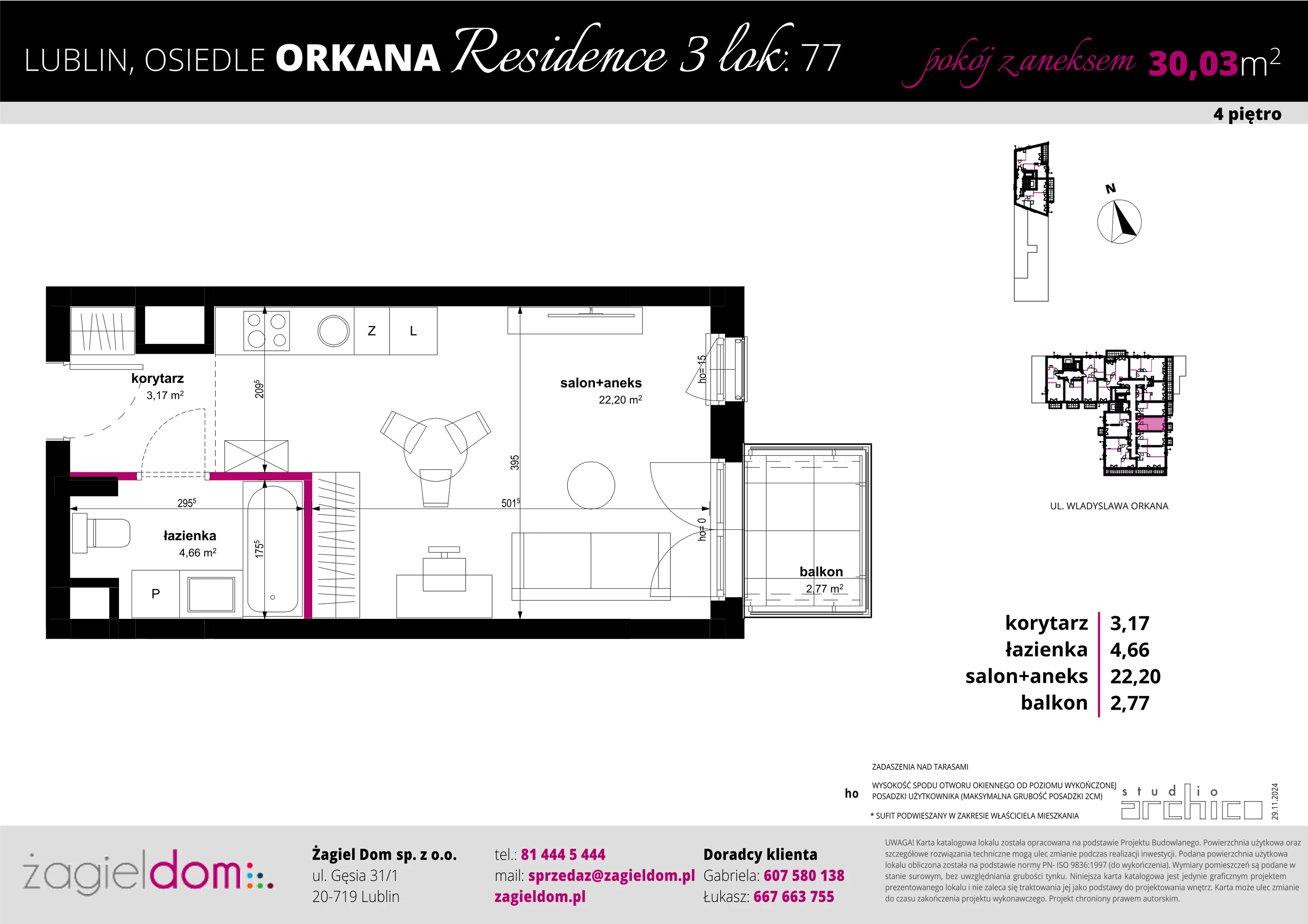 1 pokój, apartament 30,03 m², piętro 4, oferta nr 77, Orkana Residence III Etap, Lublin, Czuby Północne, Czuby Północne, ul. Orkana