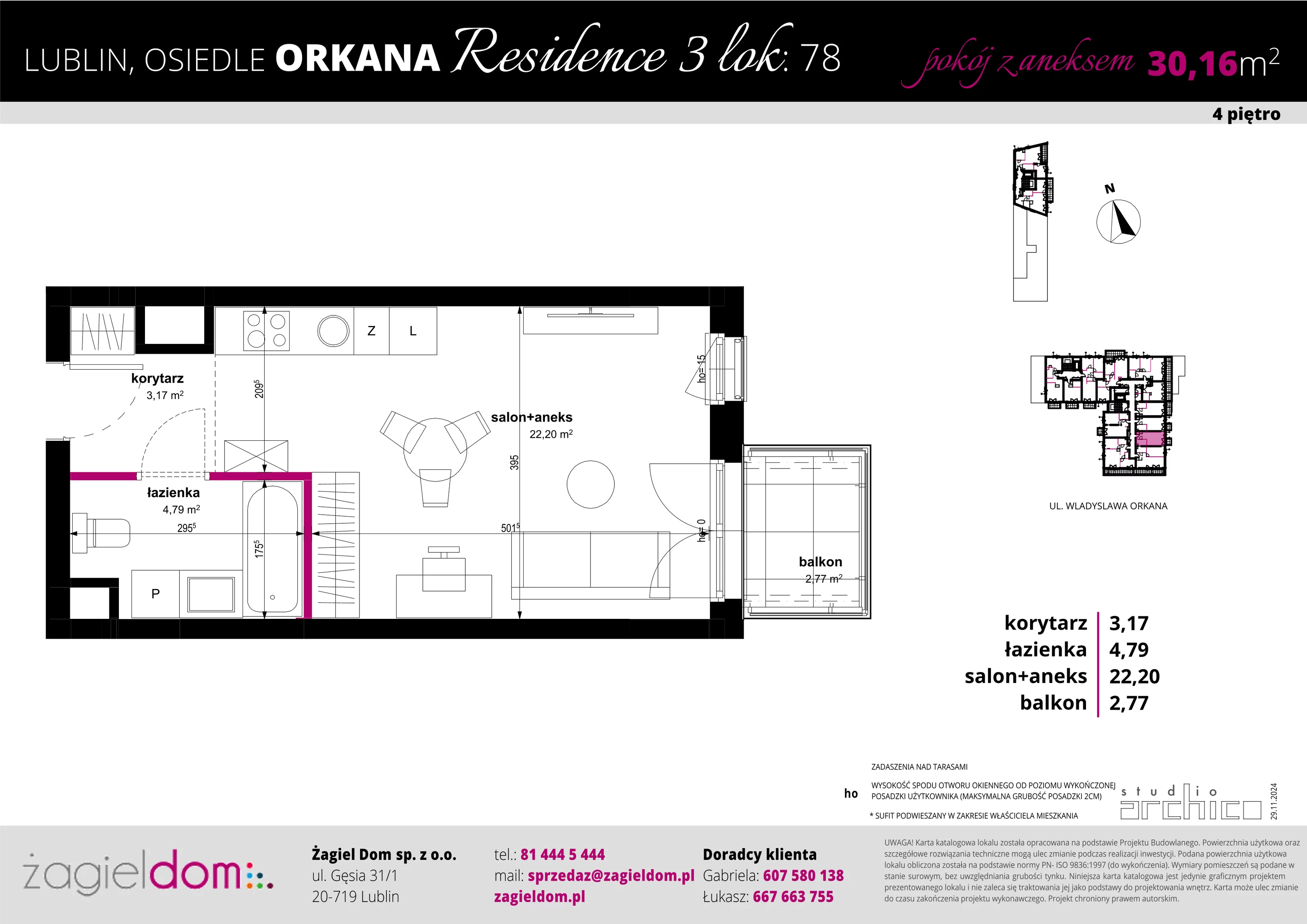 1 pokój, apartament 30,16 m², piętro 4, oferta nr 78, Orkana Residence III Etap, Lublin, Czuby Północne, Czuby Północne, ul. Orkana