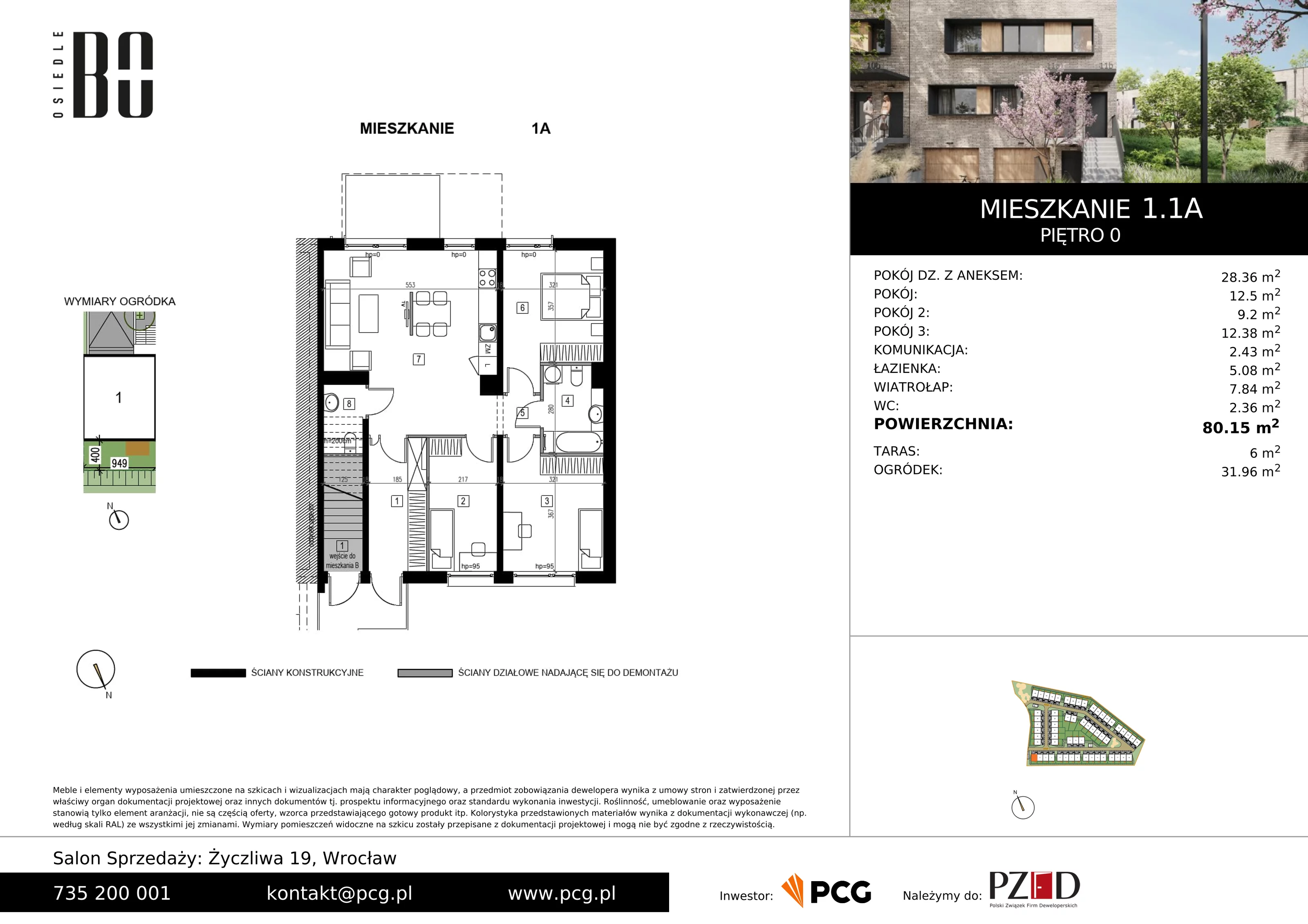 Apartament 80,15 m², parter, oferta nr 1.1A, Osiedle BO, Wrocław, Kowale, ul. Bociana