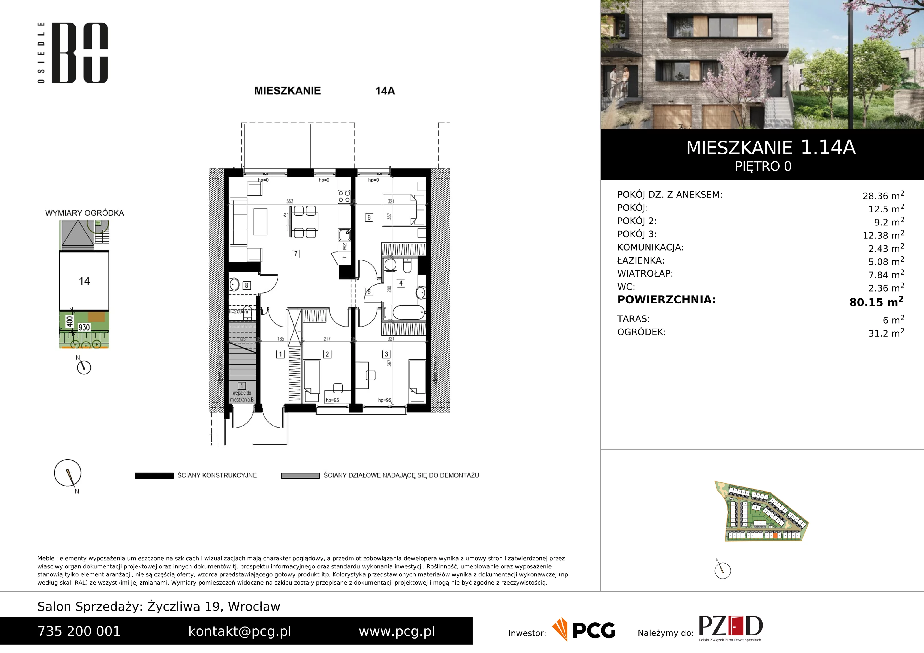 Apartament 80,15 m², parter, oferta nr 1.14A, Osiedle BO, Wrocław, Kowale, ul. Bociana