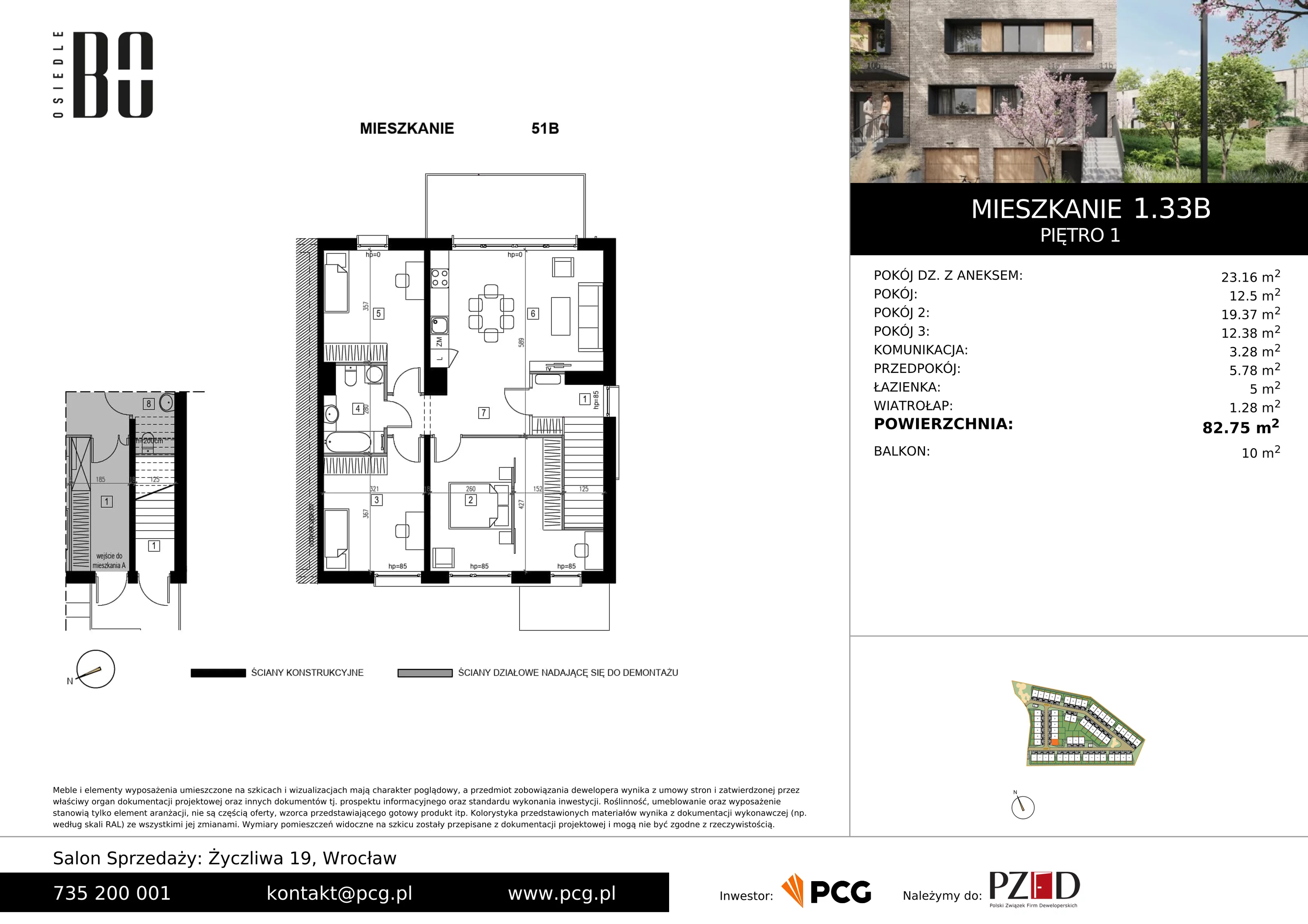 Apartament 82,75 m², piętro 1, oferta nr 1.33B, Osiedle BO, Wrocław, Kowale, ul. Bociana